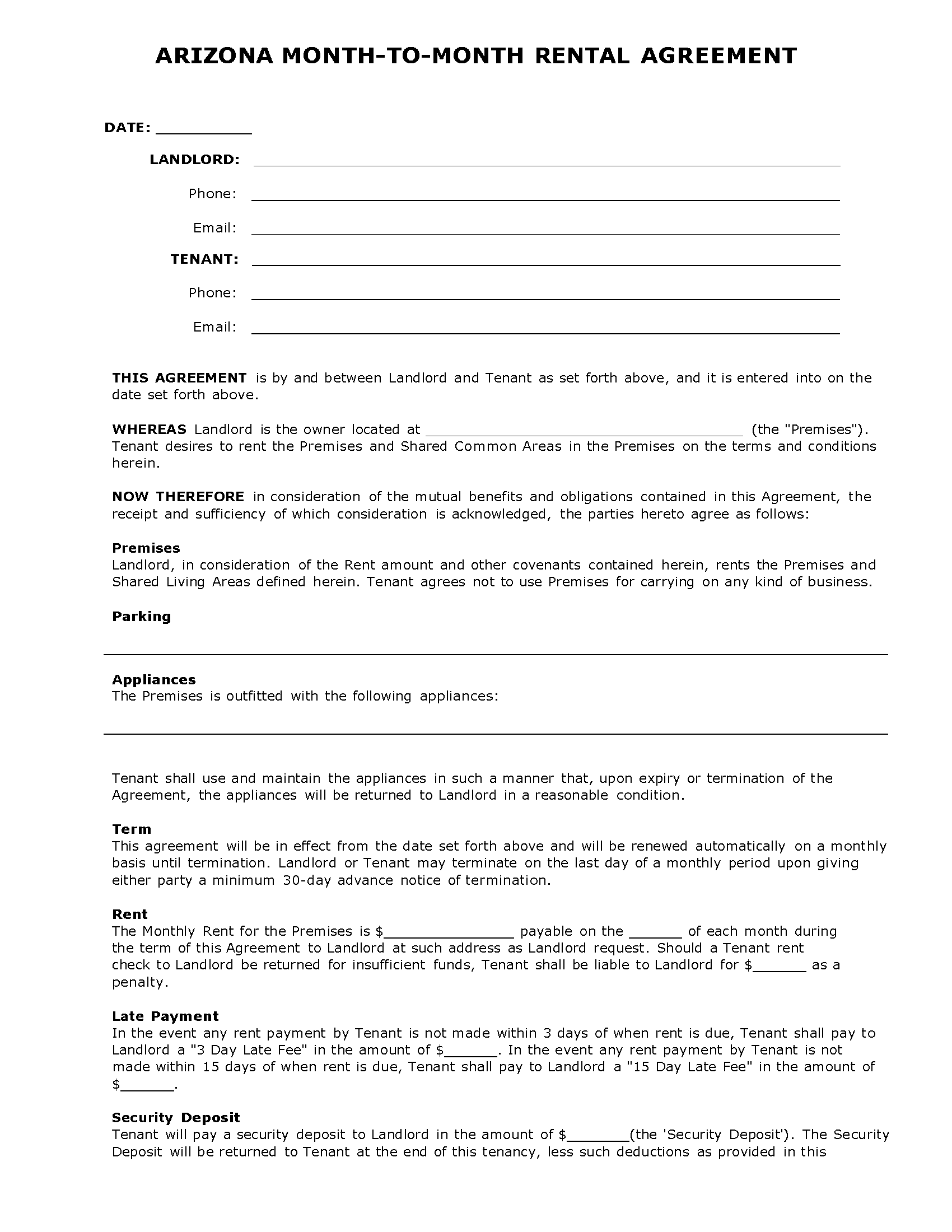 Printable 1year Lease Agreement Form Arizona Printable Form