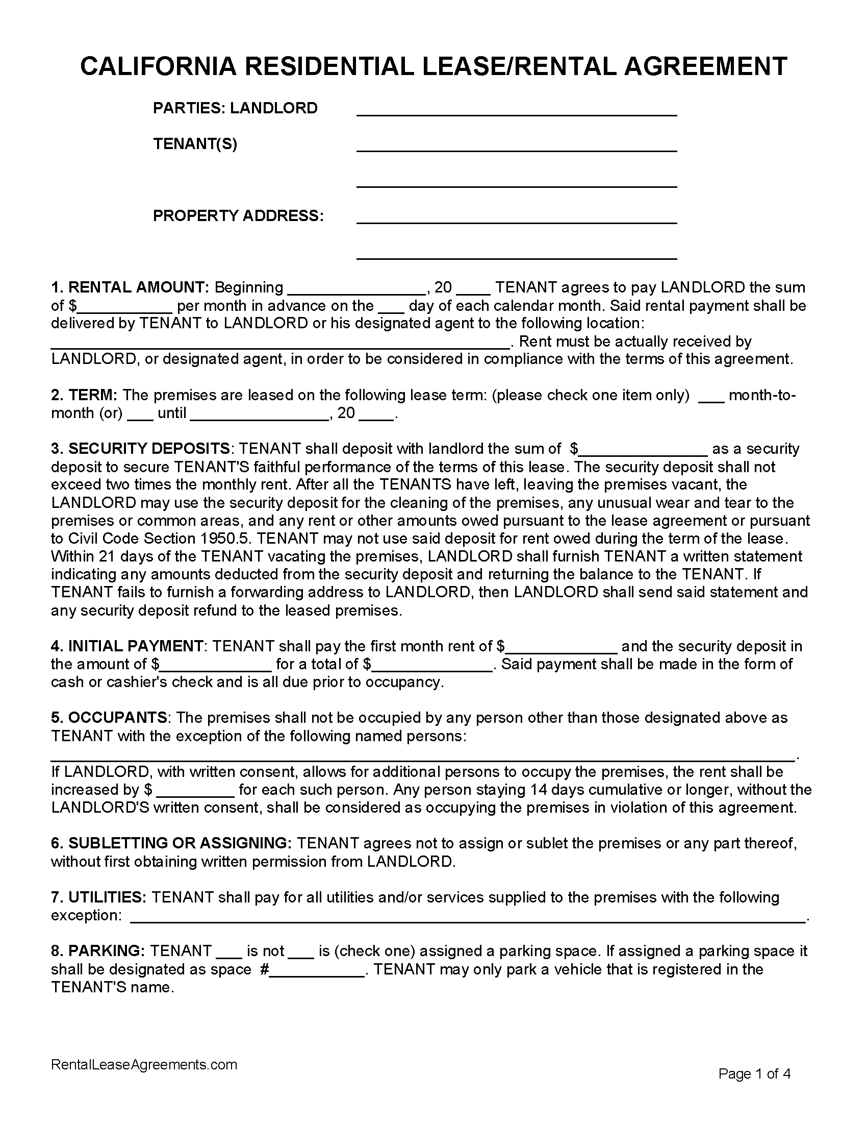 Free California Residential Lease Agreement Pdf - Ms Word