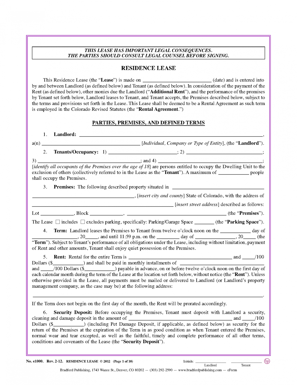 Free Colorado Residential Lease Agreement PDF MS Word