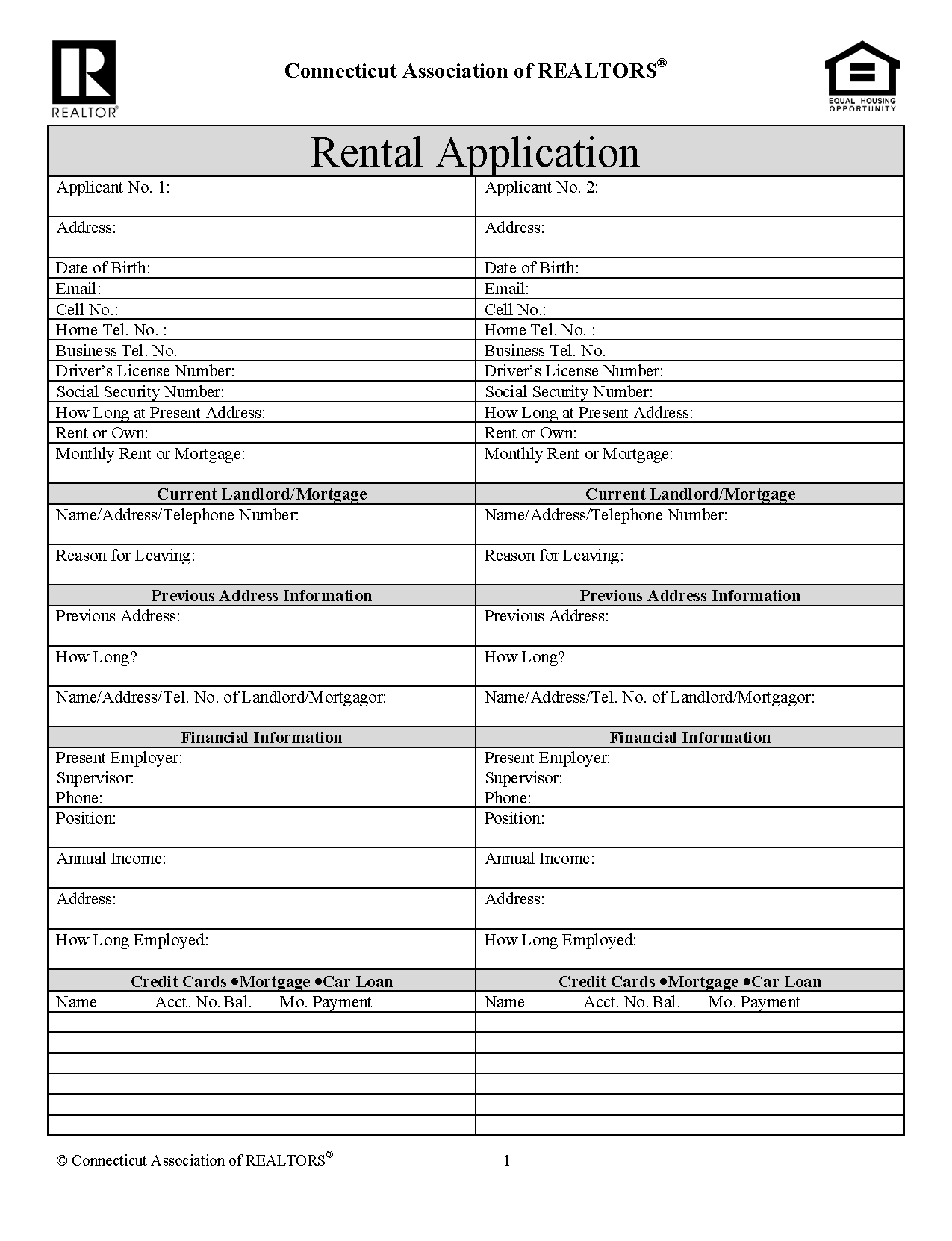 Rental Application Form Ct