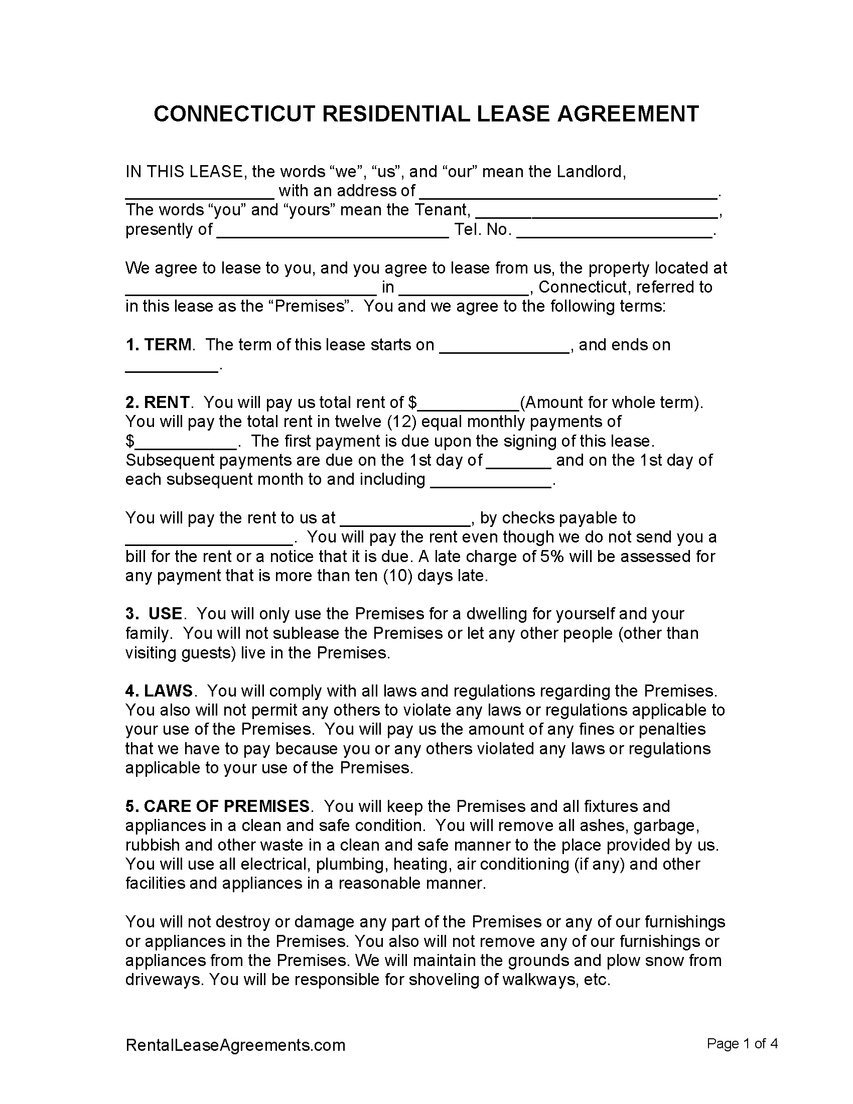 Rental Lease Agreement Ct Template Printable Form, Templates and Letter