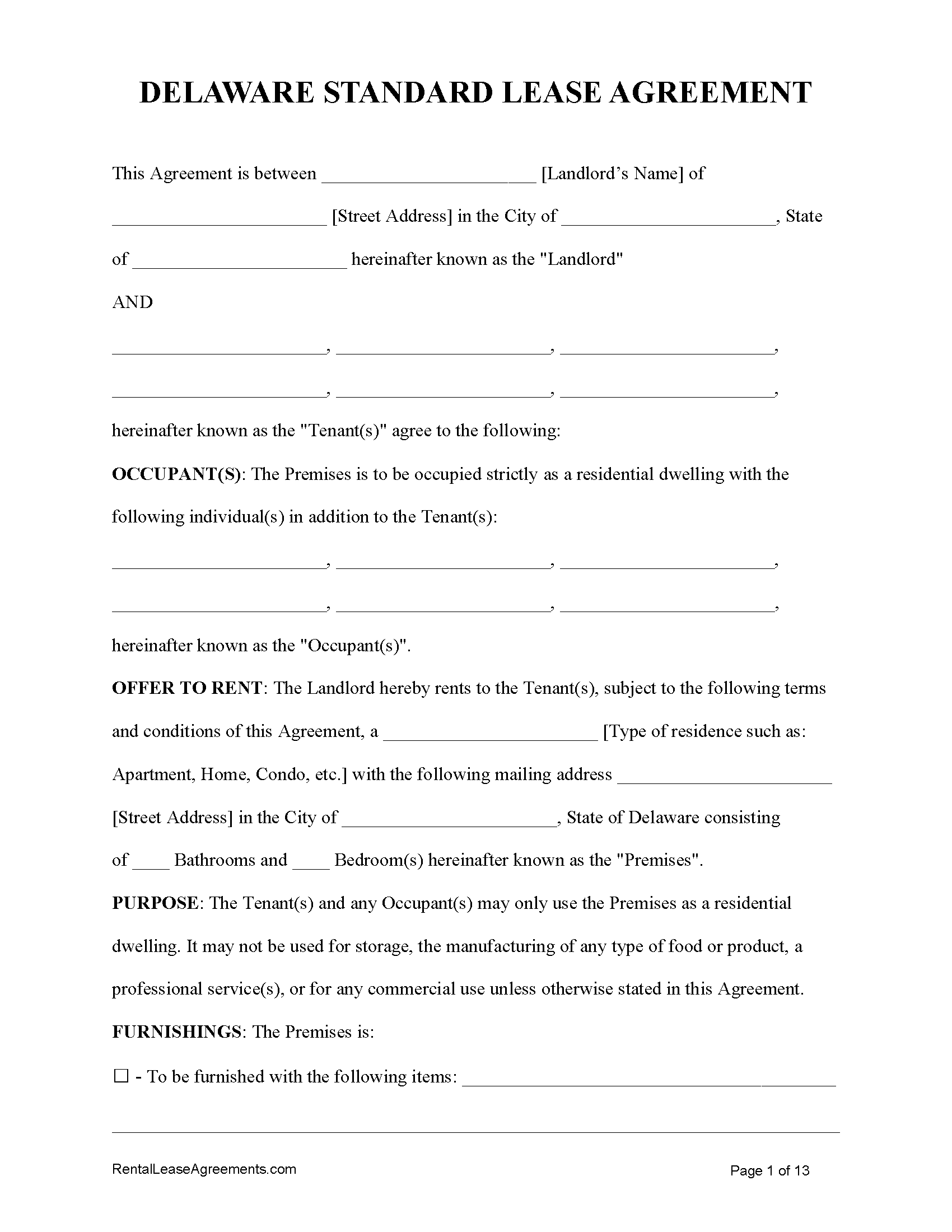 Free Delaware Residential Lease Agreement PDF