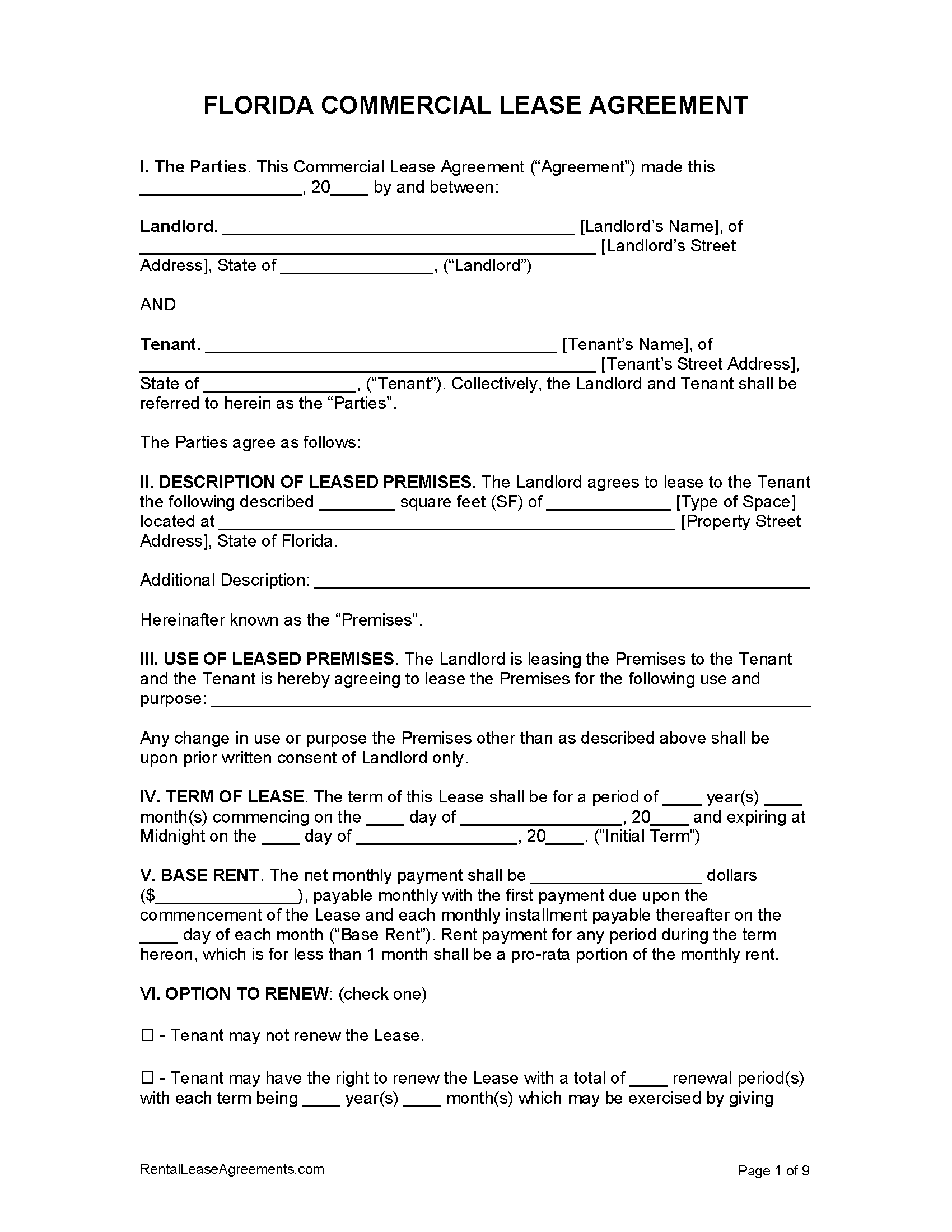 Free Printable Commercial Lease Agreement Florida