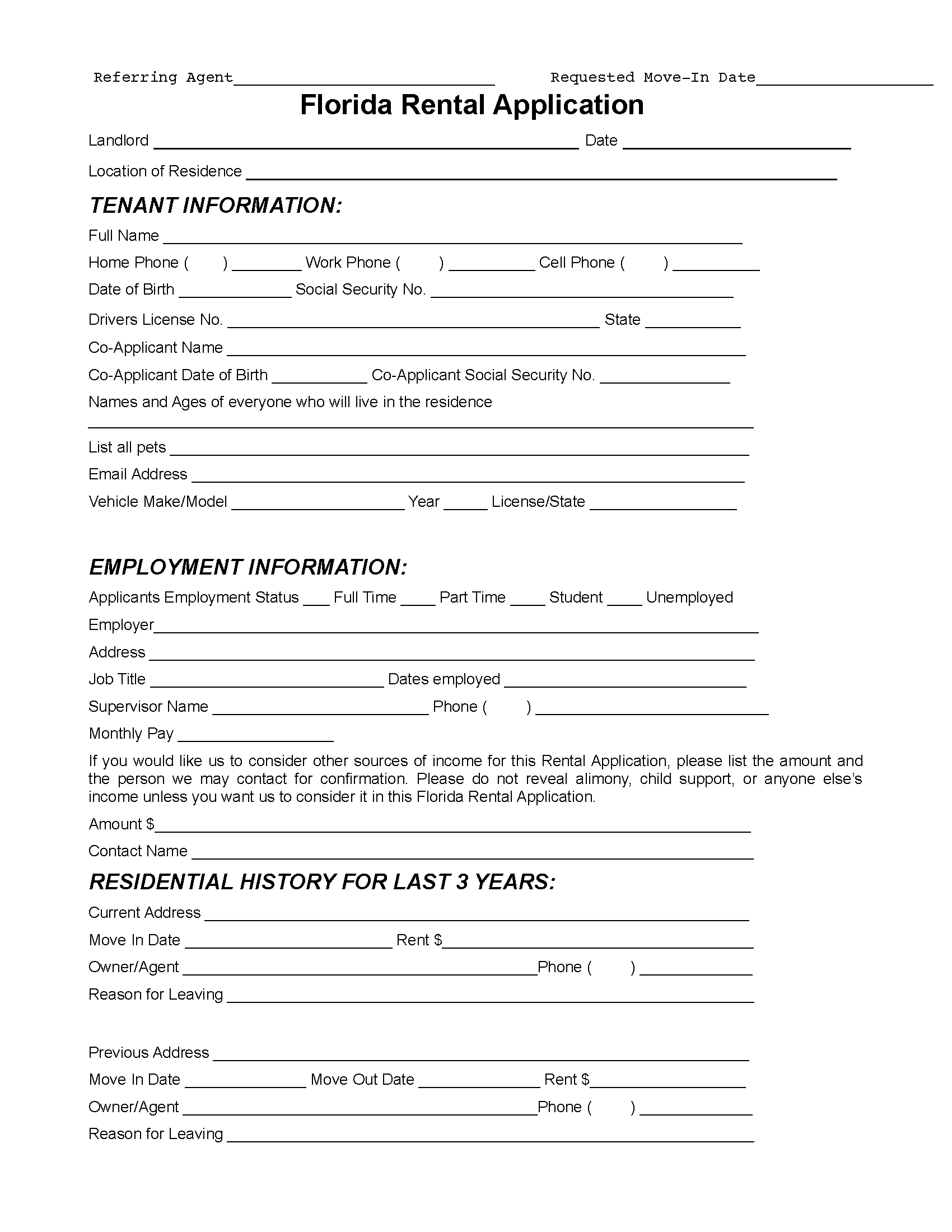 Florida Rental Application | PDF « Free Printable Rental ...