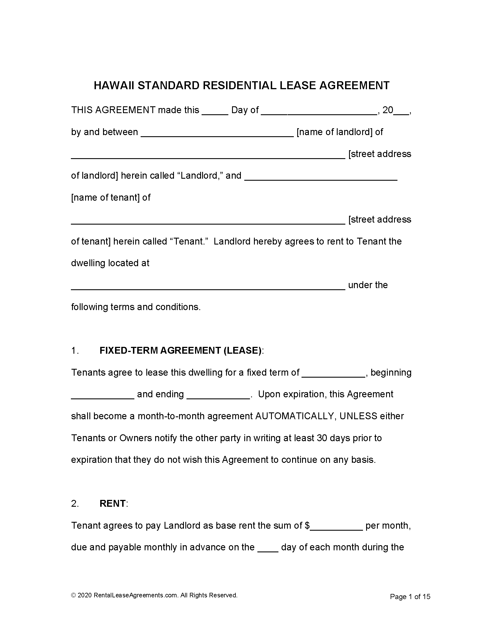 Free Hawaii Rental Lease Agreement Templates, PDF