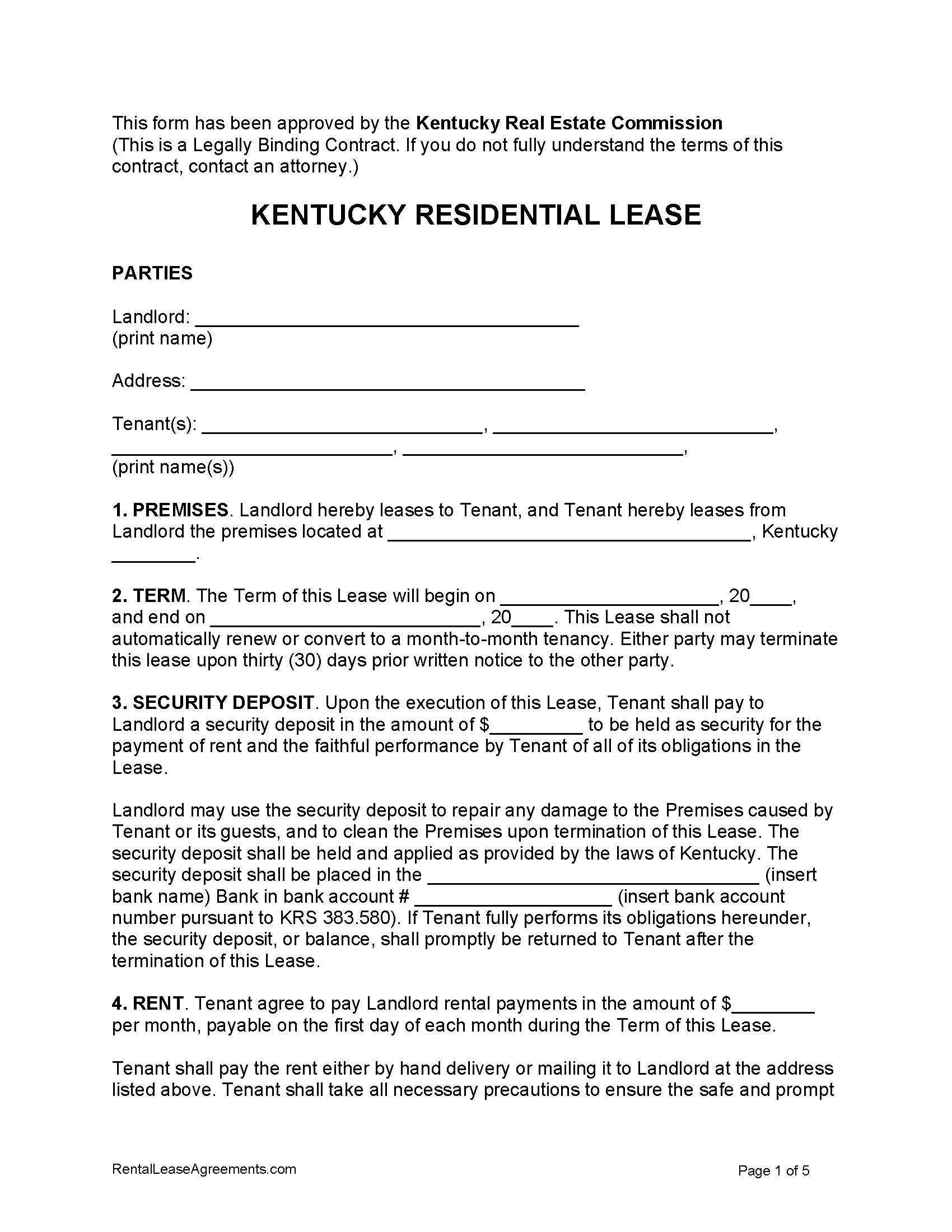 Free Kentucky Residential Lease Agreement (KREC) PDF