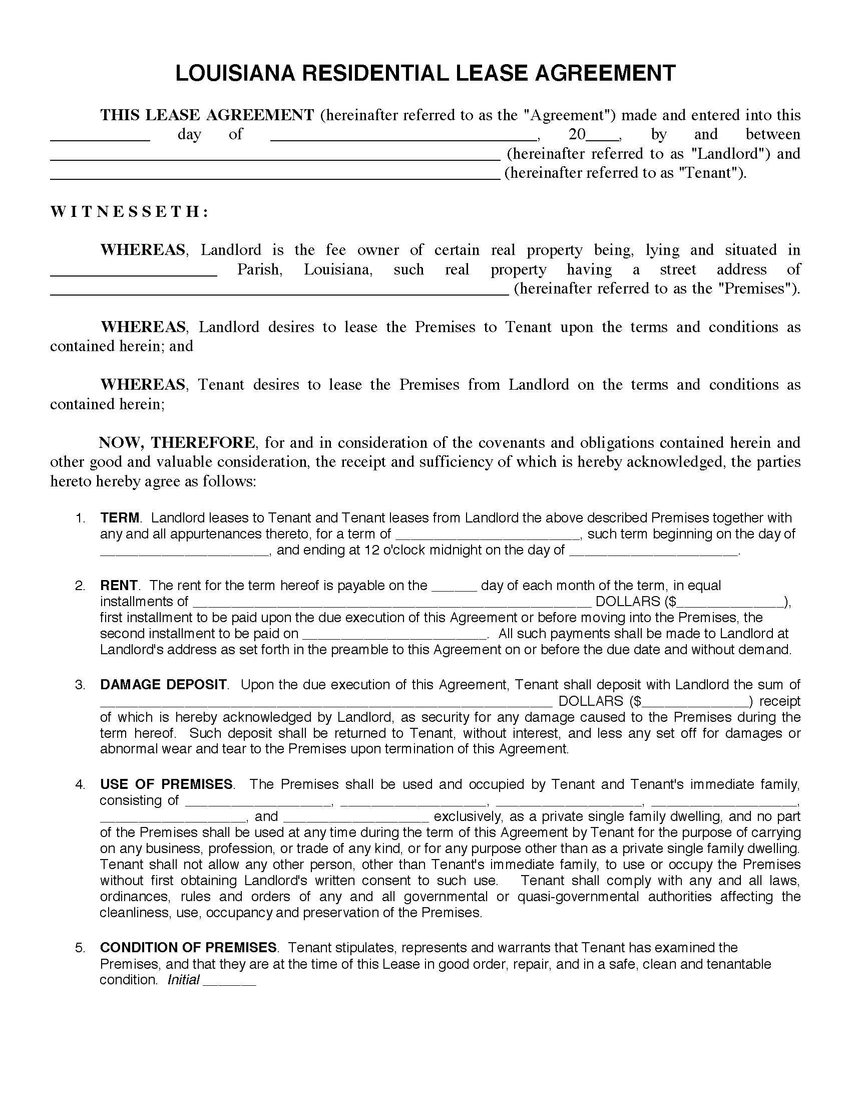 Louisiana Rental Lease Agreement Printable Form Templates And Letter