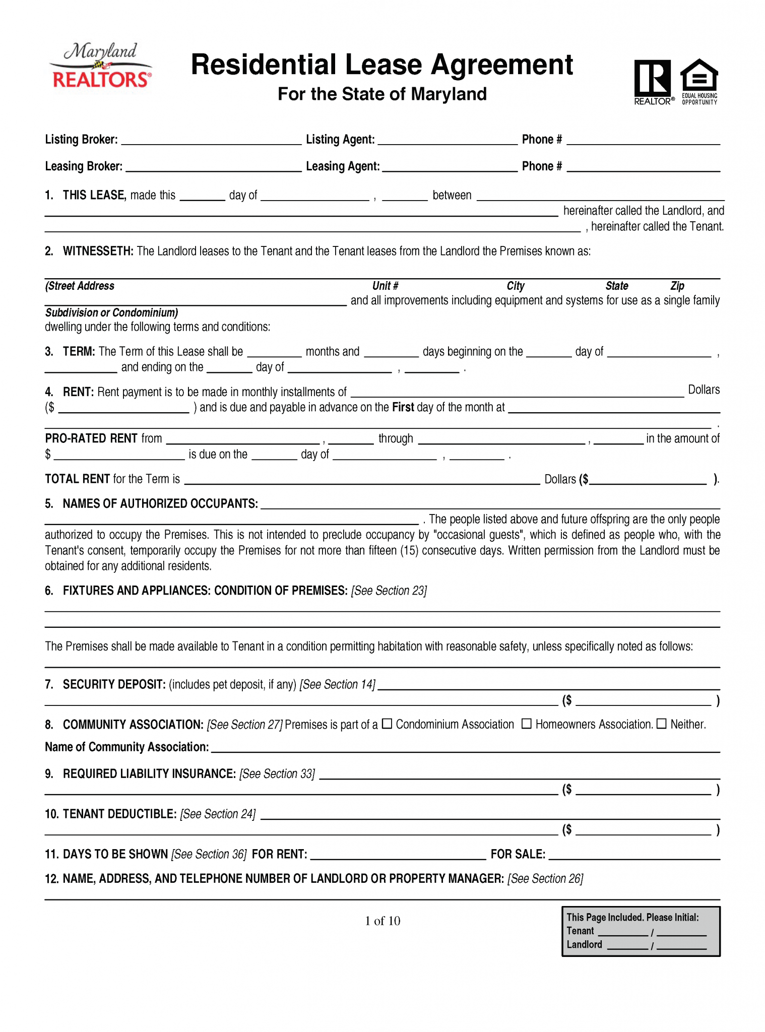 Free Maryland Residential Lease Agreement PDF