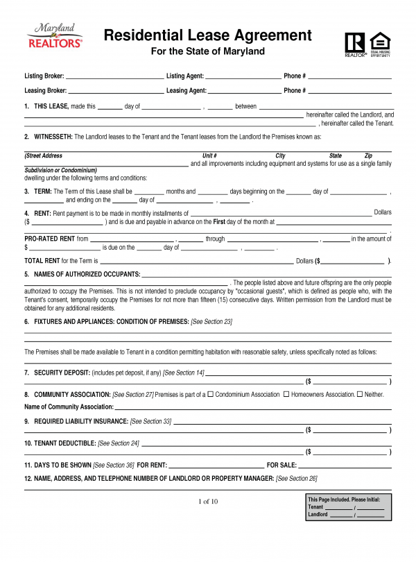 Free Maryland Residential Lease Agreement PDF