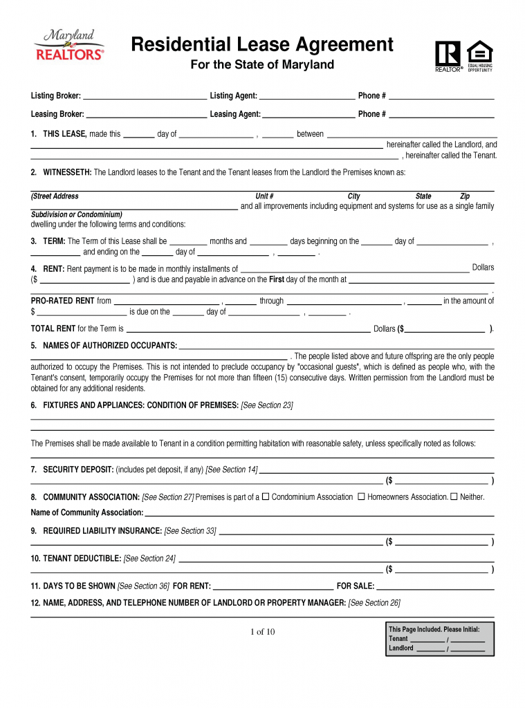 Free Maryland Residential Lease Agreement | PDF