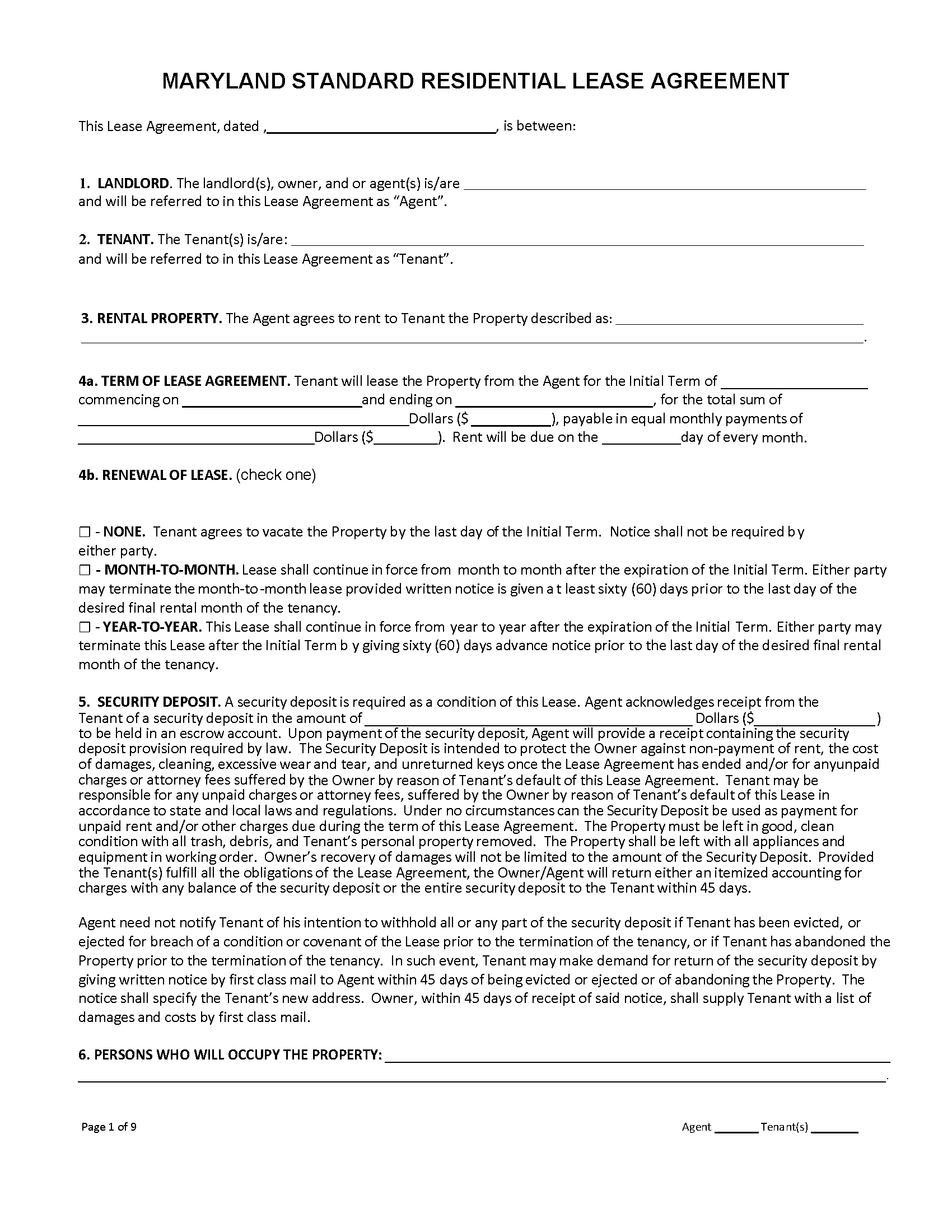 Maryland Residential Lease Agreement Word Printable Form Templates 