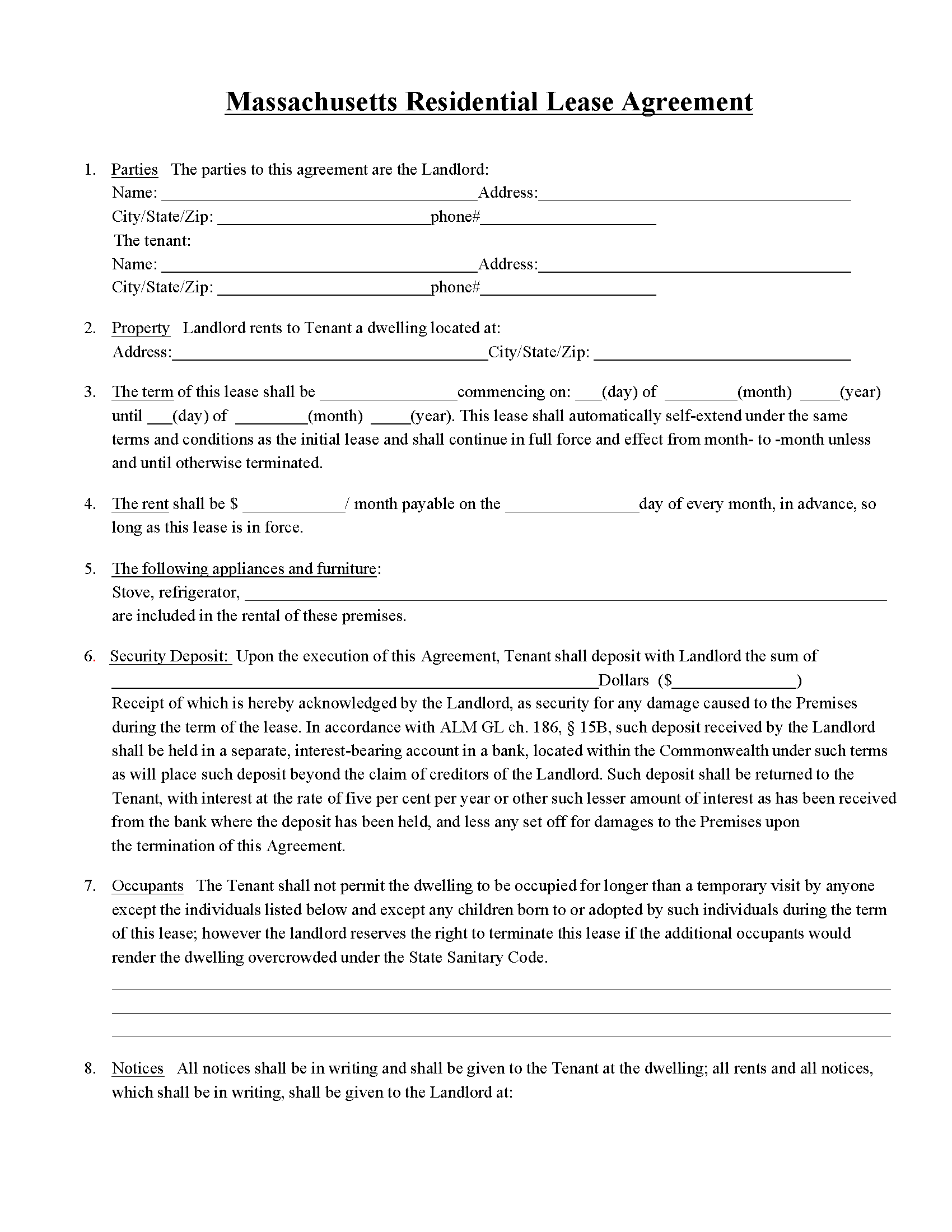 Massachusetts Standard Residential Lease Agreement Template Eforms 