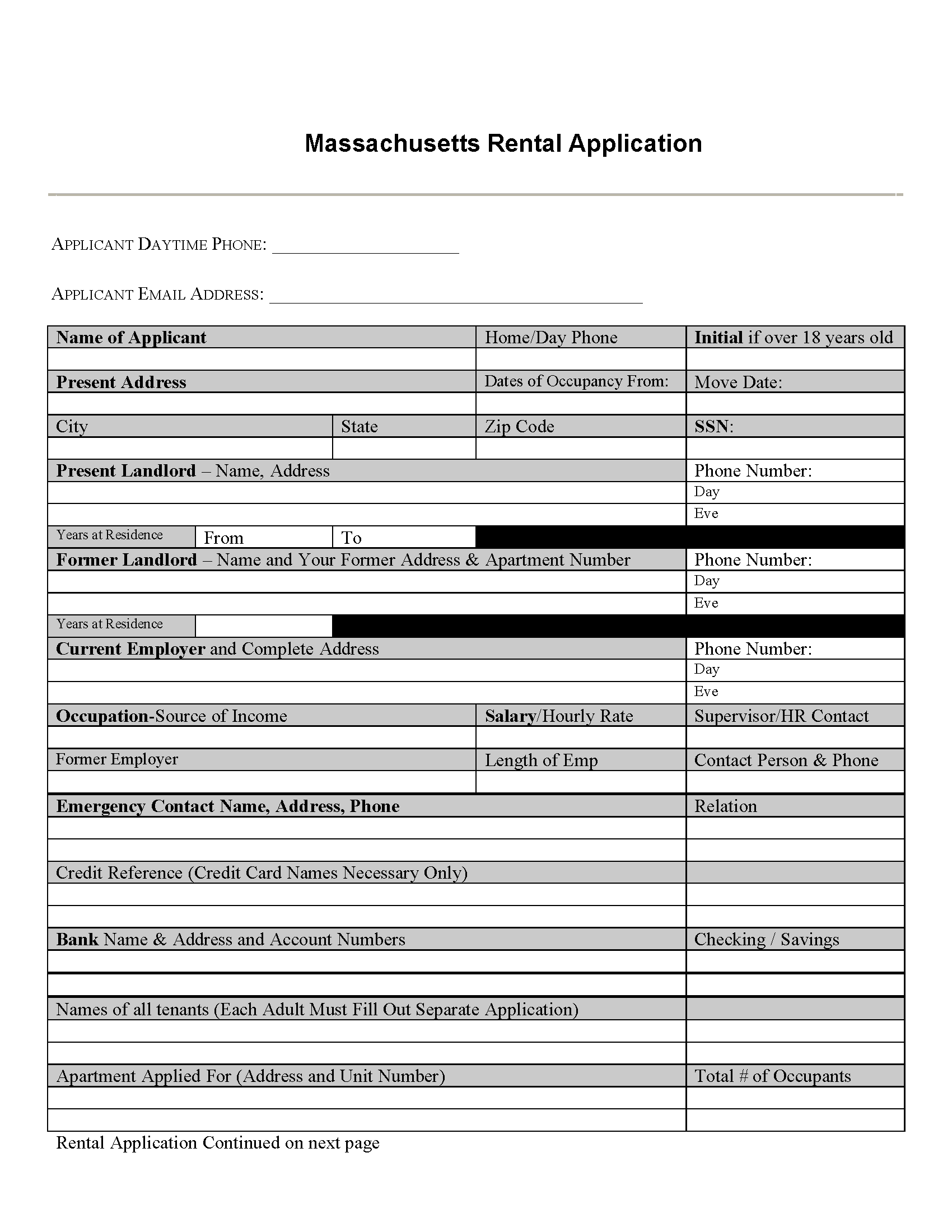 Free Massachusetts Rental Application  PDF
