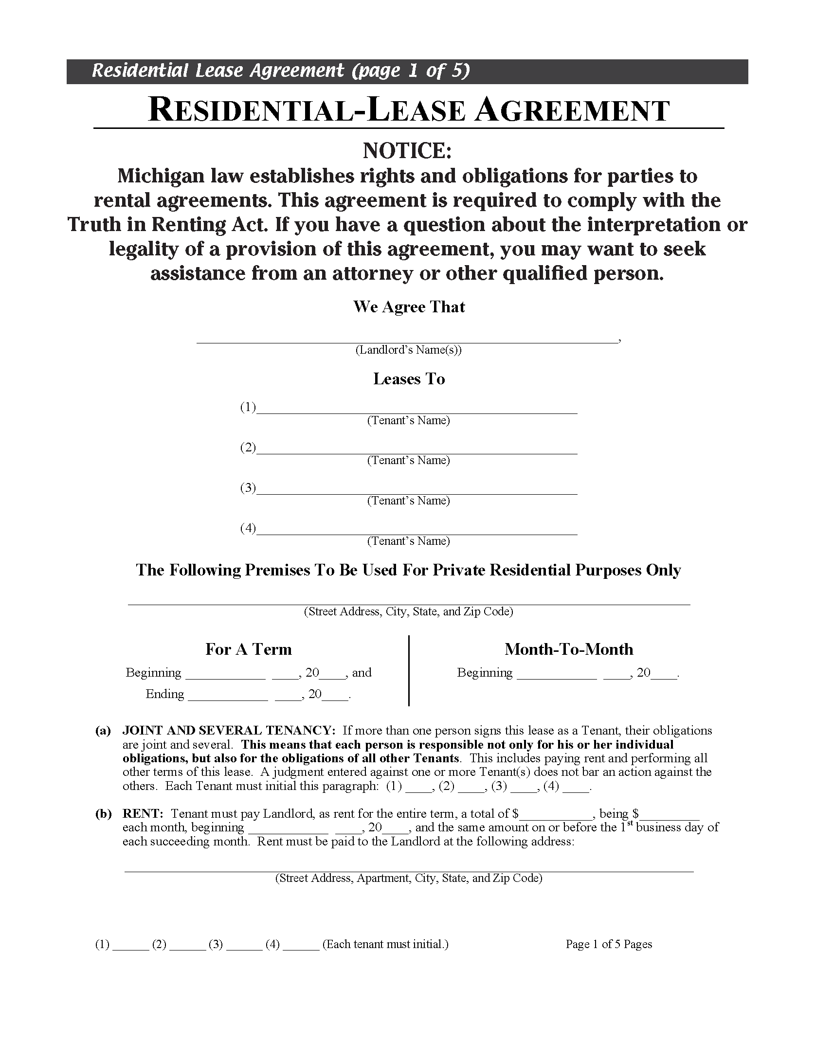 Standard Michigan Residential Lease Agreement Printable Form