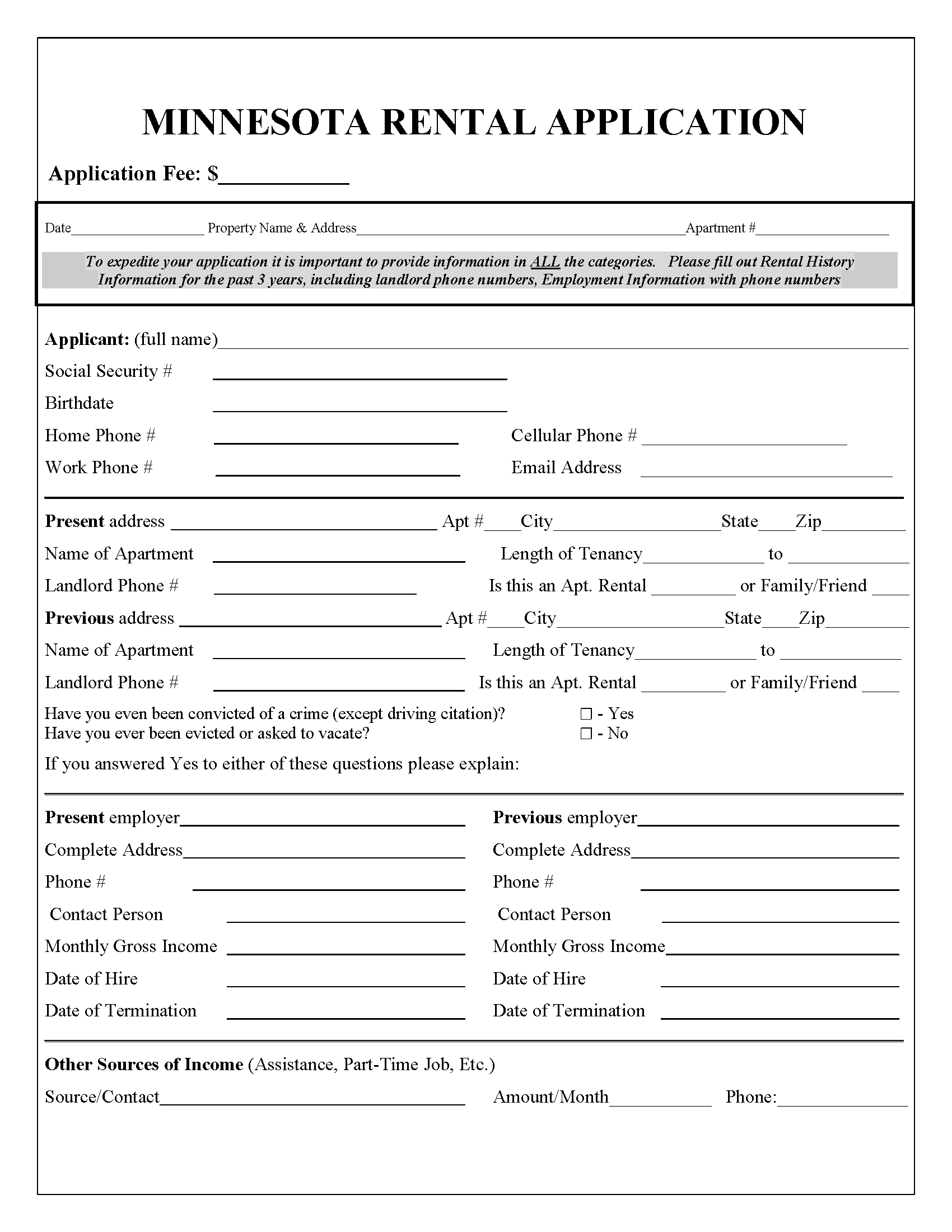 Minnesota Rental Application 