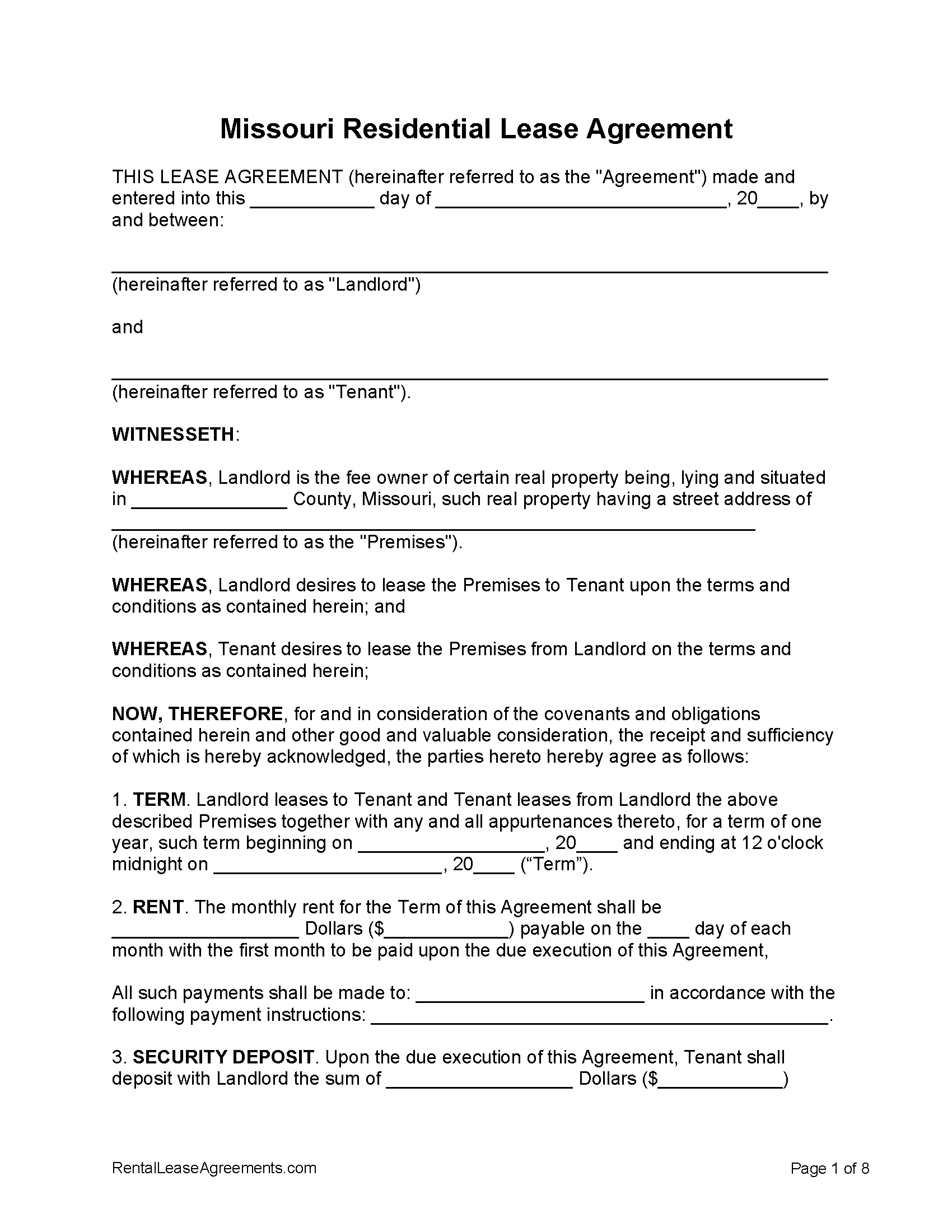 Free Missouri Residential Lease Agreement PDF MS Word