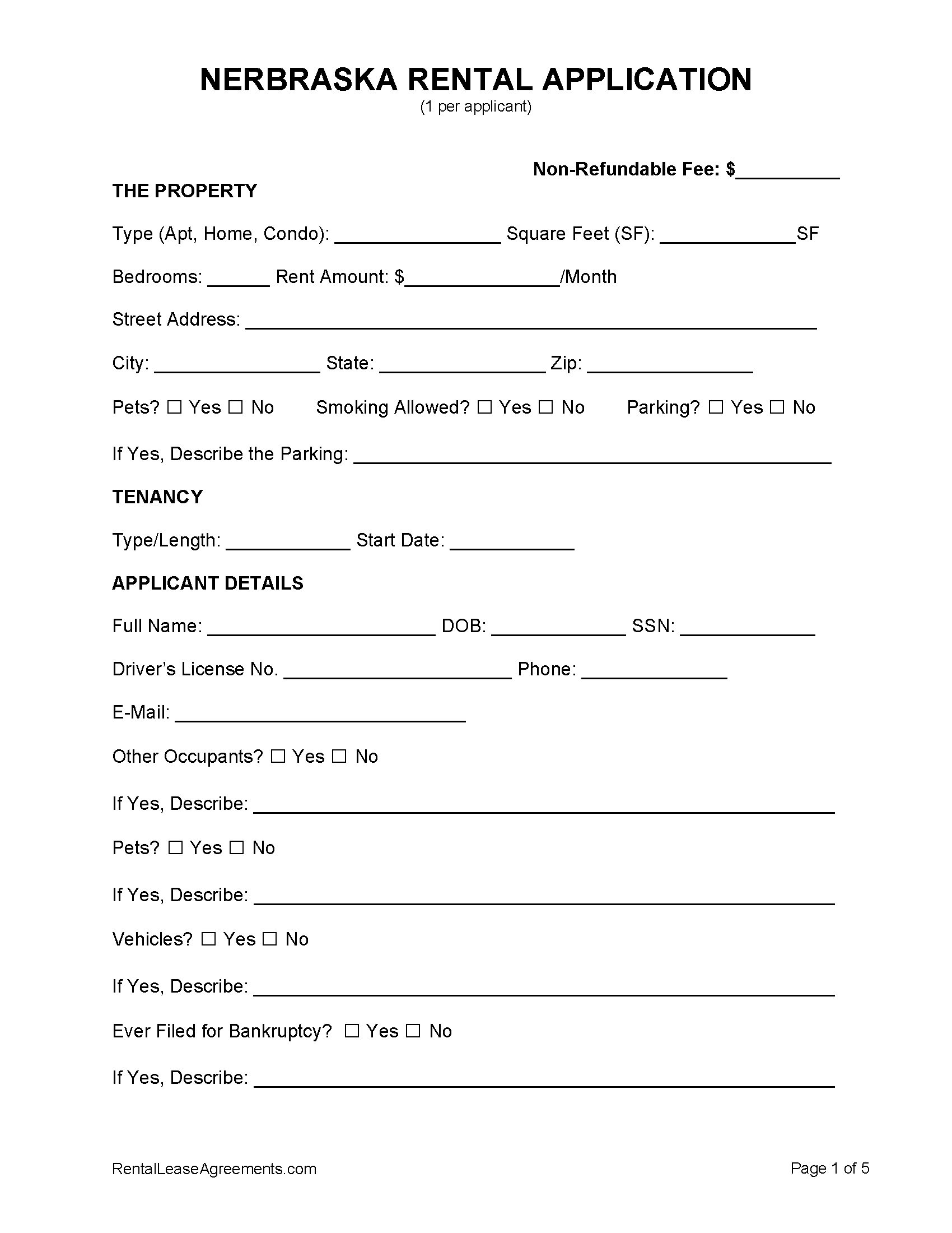 Free Nebraska Rental Application PDF MS Word