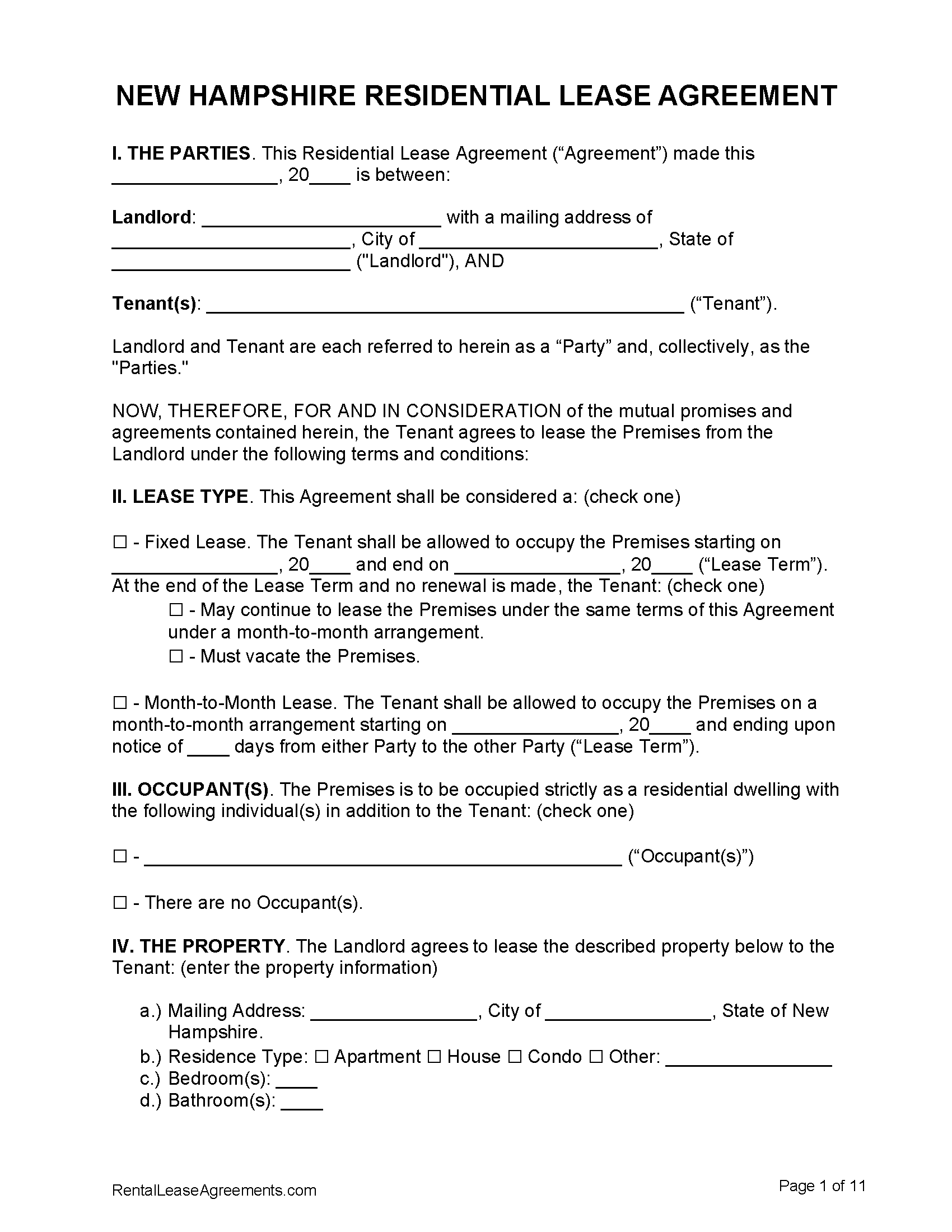 Free New Hampshire Residential Lease Agreement PDF