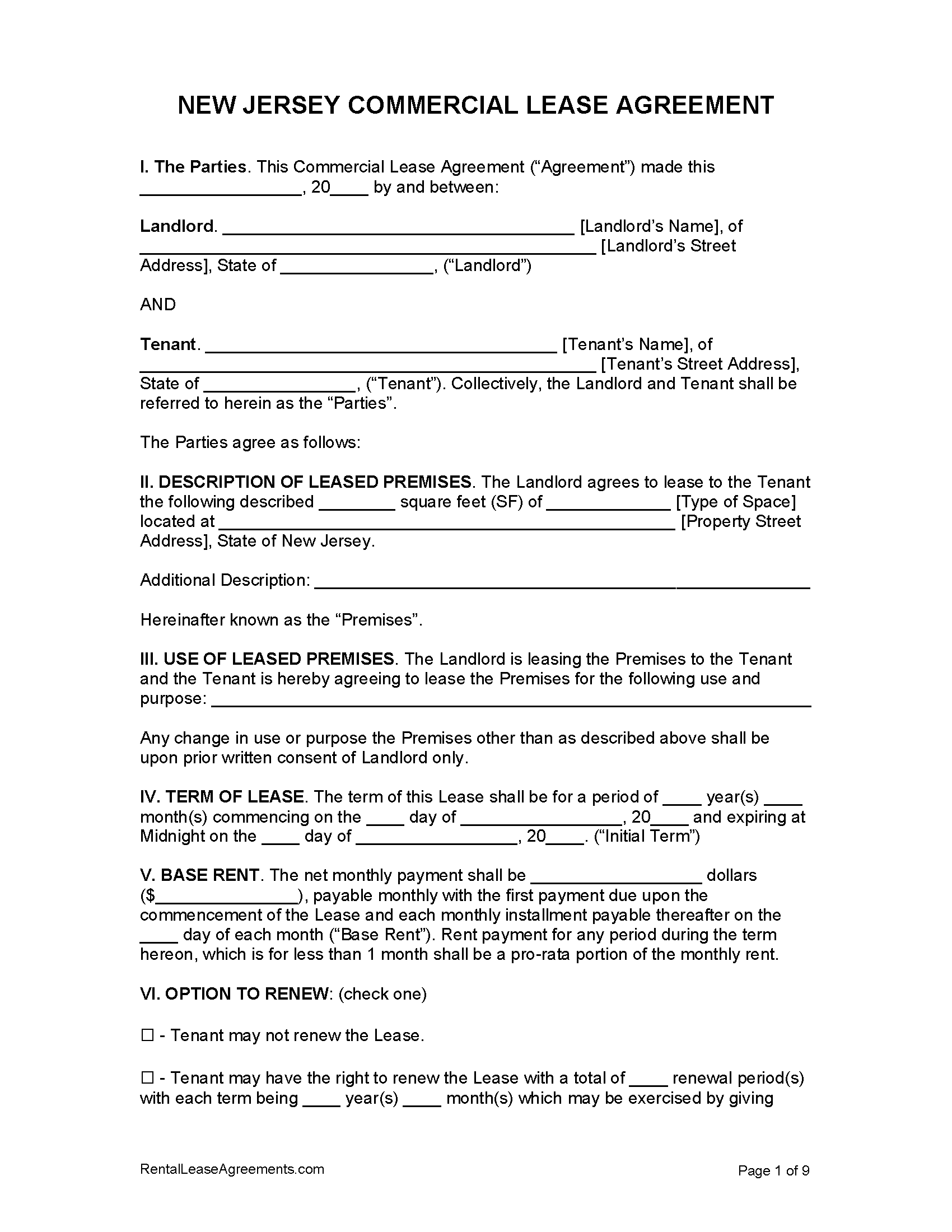 New Jersey Residential Lease Agreement Template