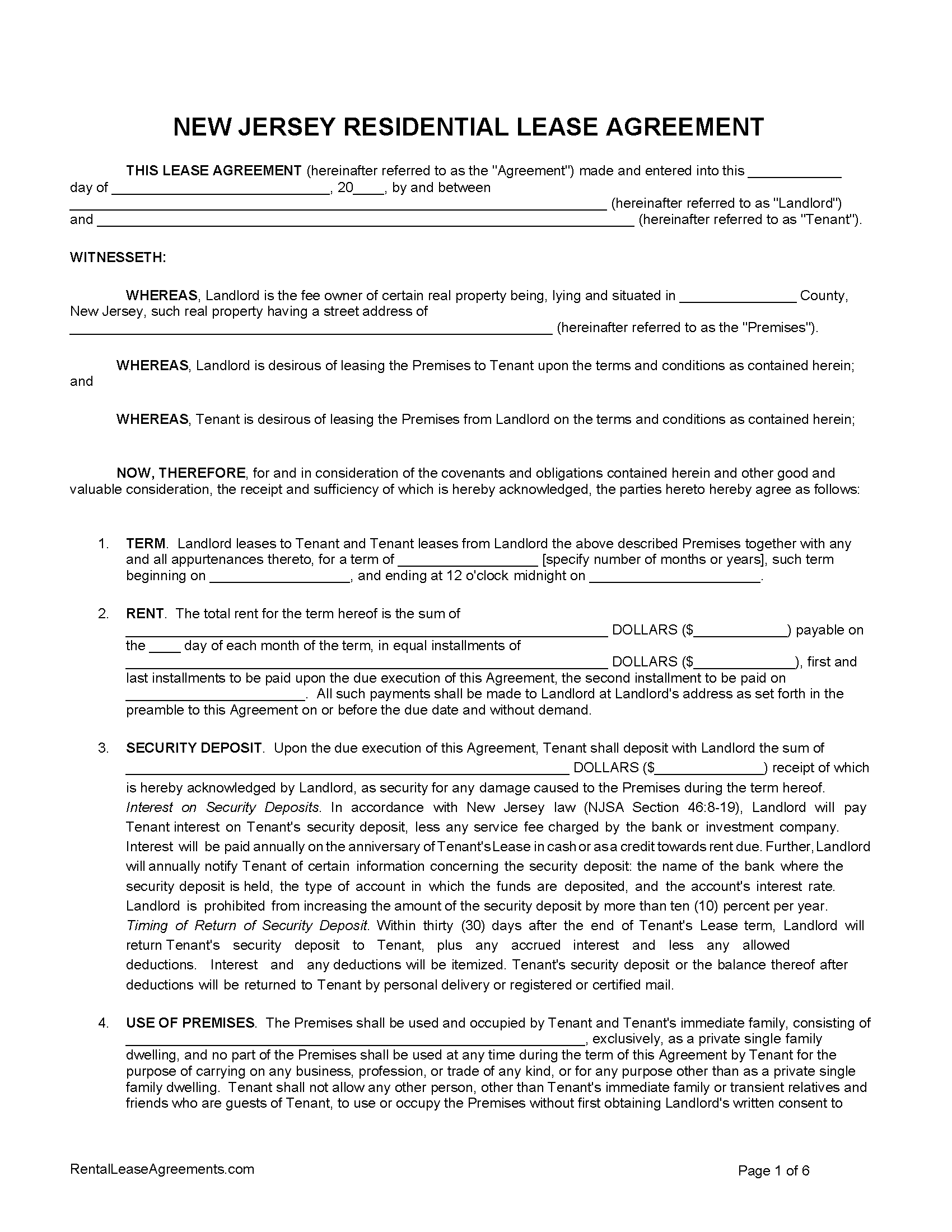 Free New Jersey Residential Lease Agreement  PDF - MS Word For new jersey residential lease agreement template