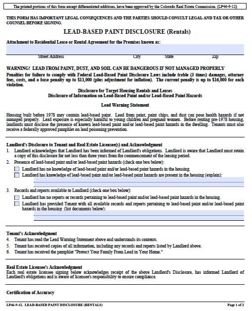 Free Colorado Lead Based Paint Disclosure Form PDF Template