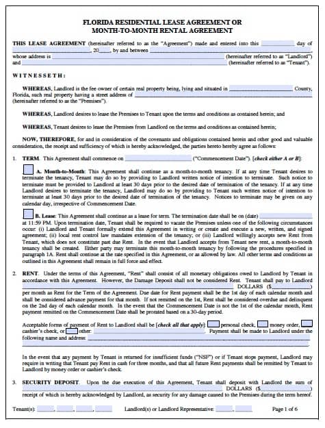 free florida month to month rental agreement pdf word