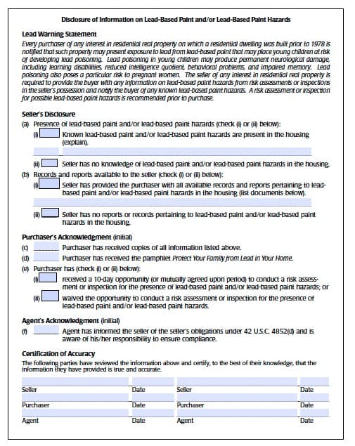 Free Lead Based Paint Disclosure Form PDF