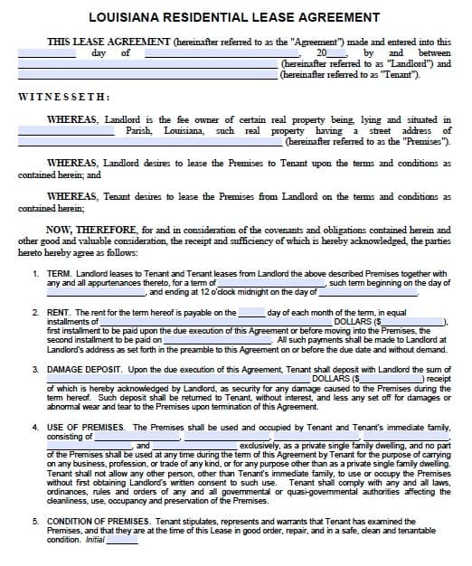 Free Louisiana Residential Lease Agreement – PDF Template Free Louisiana Residential Lease Agreement – PDF Template