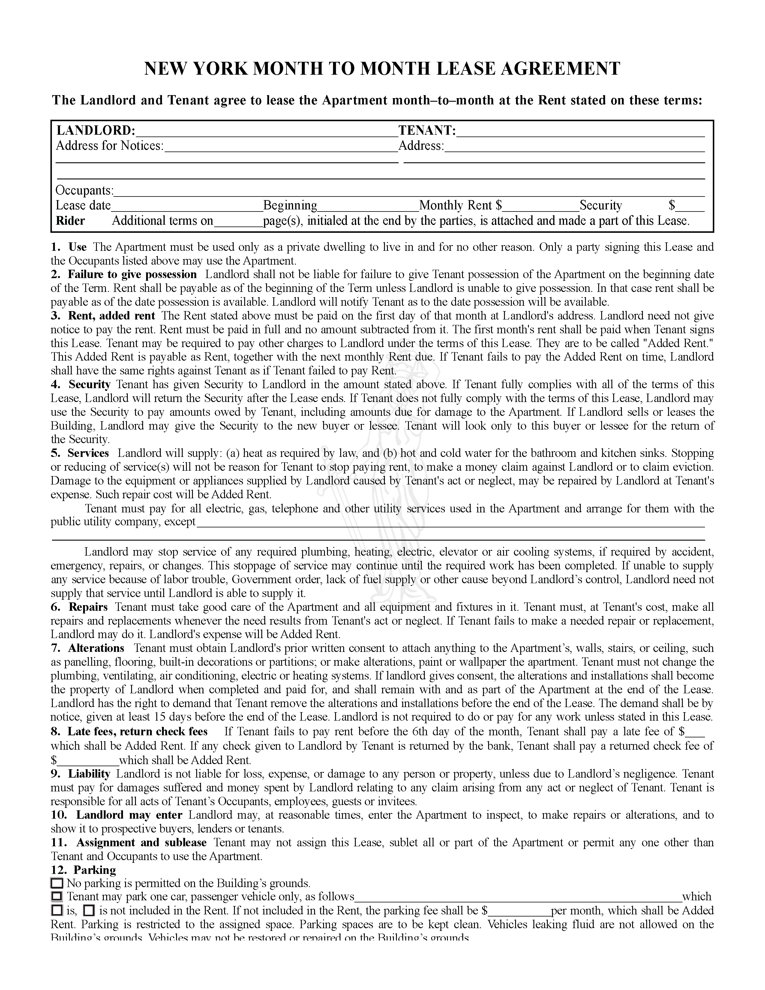 Free New York Month to Month Rental Agreement PDF