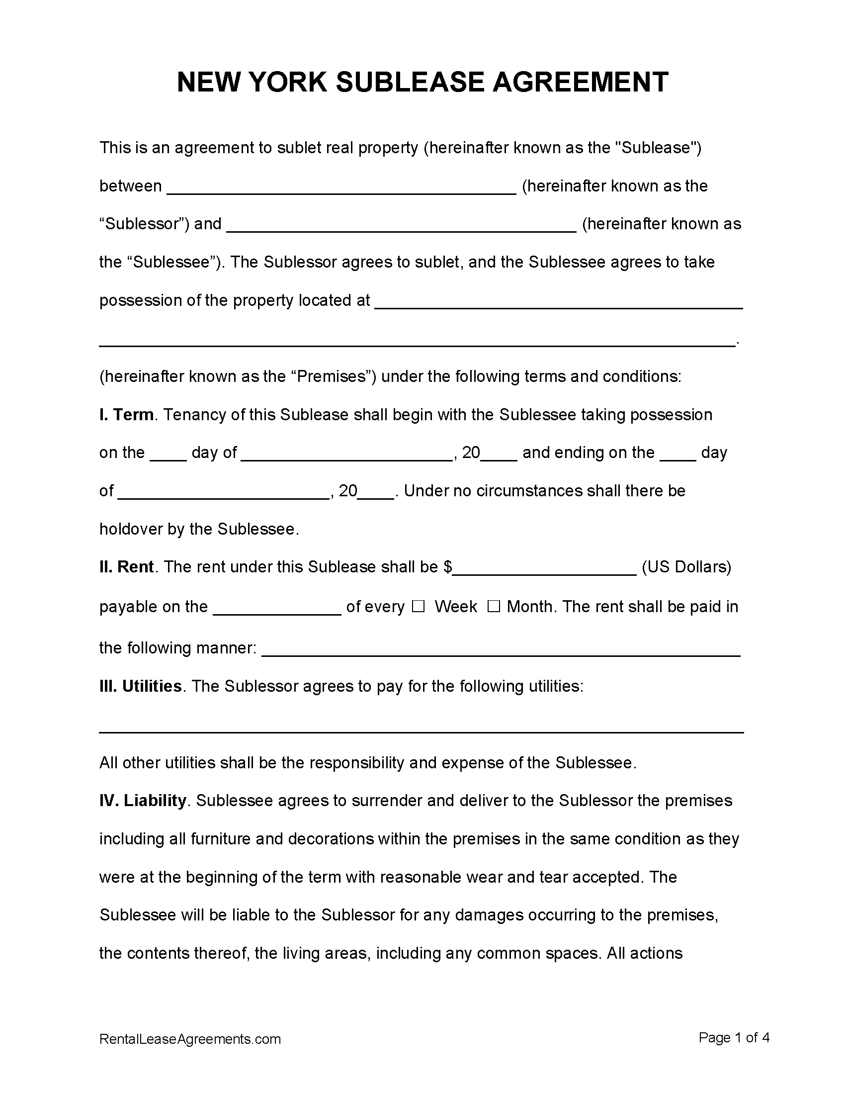 Free New York Sublease Agreement PDF MS Word