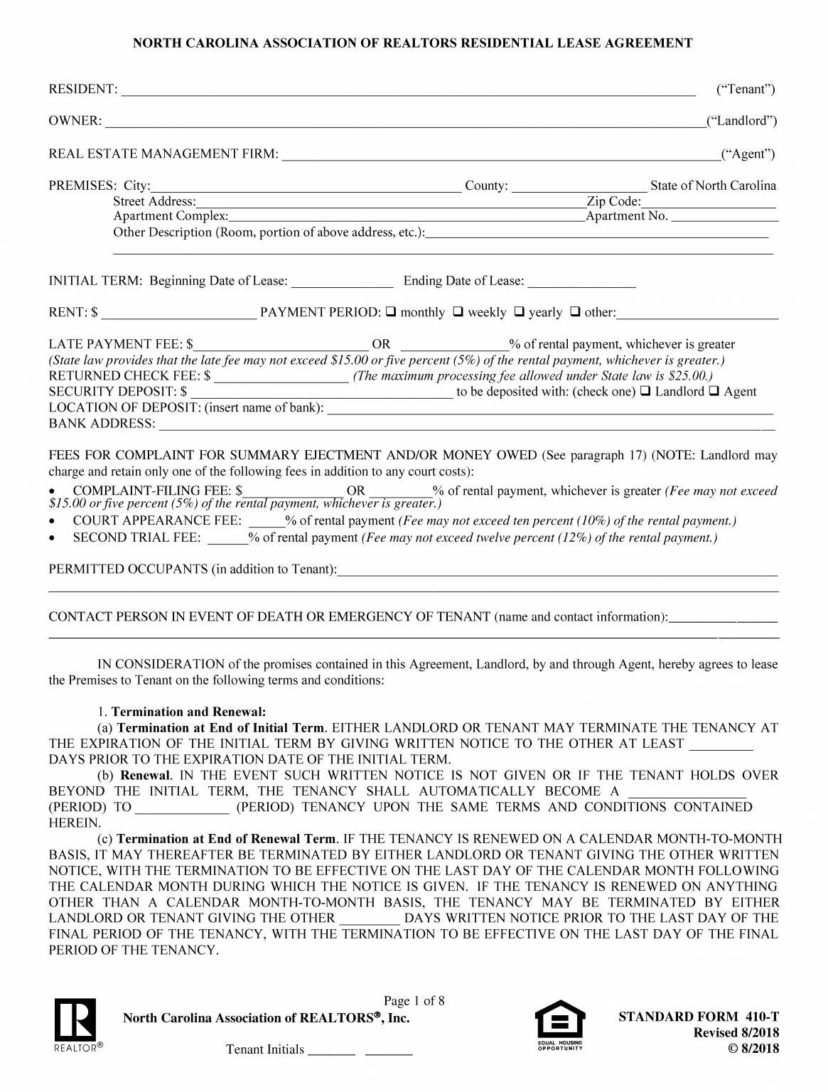 Free North Carolina Standard Residential Lease Agreement North 