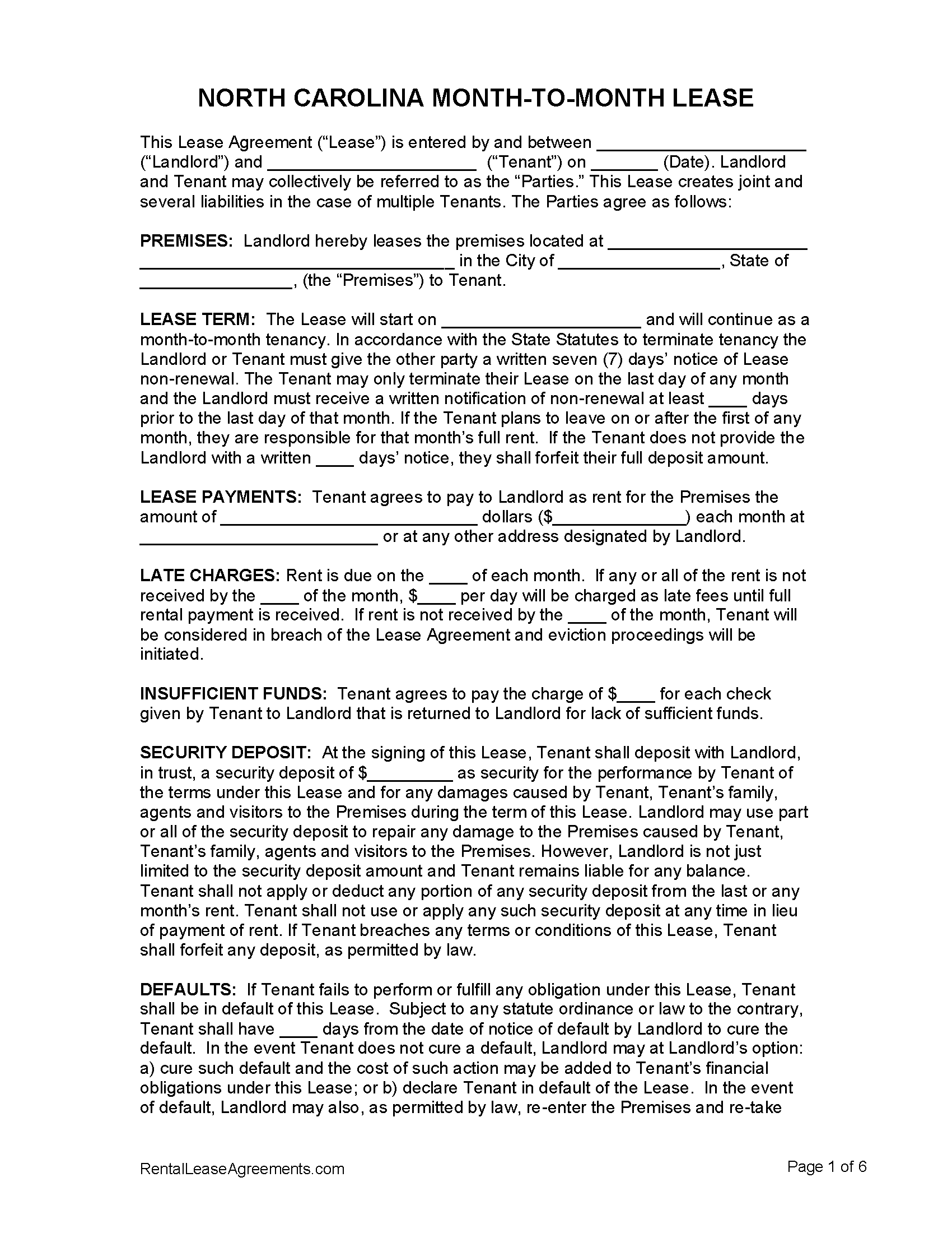 Printable North Carolina Residential Lease Agreement Printable Templates