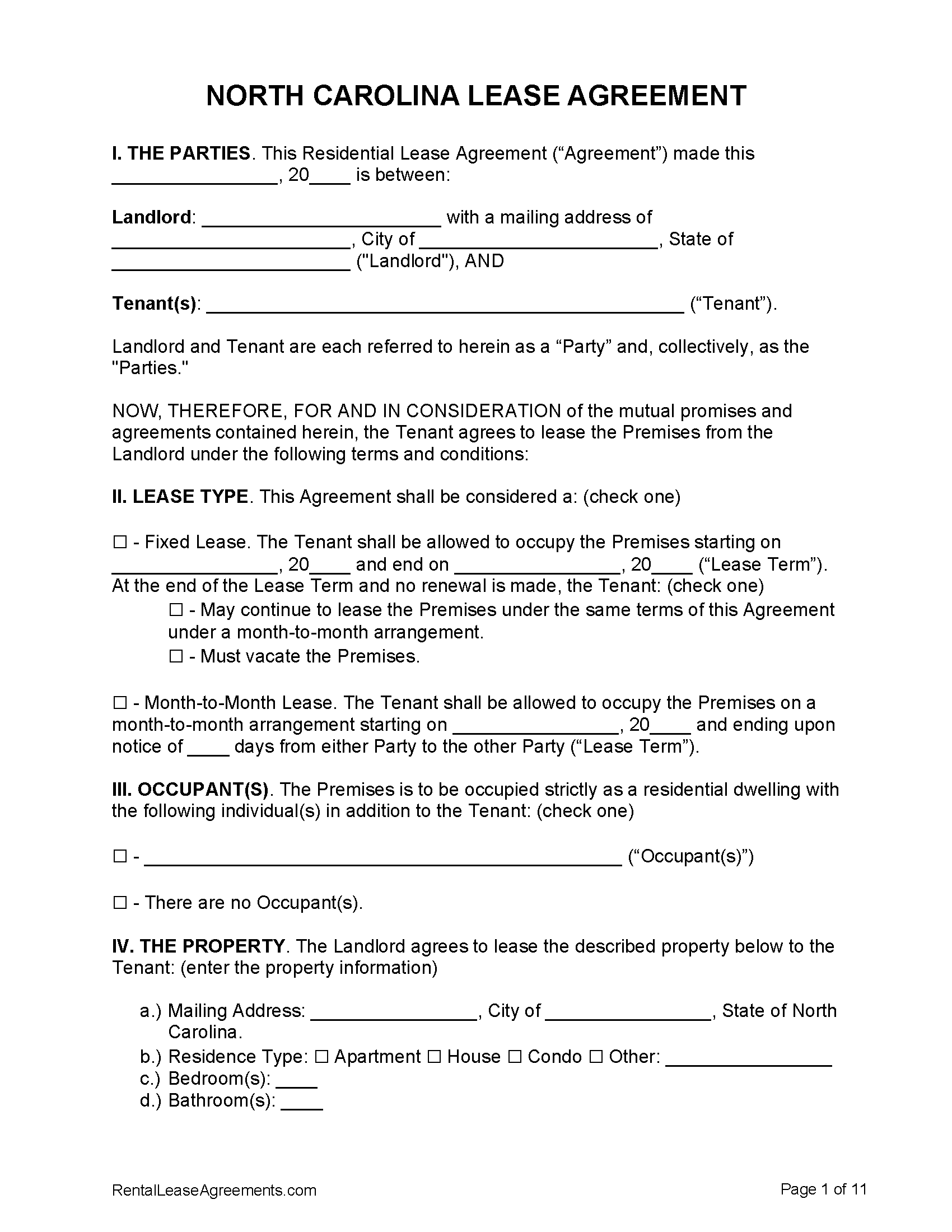 Free North Carolina Residential Lease Agreement PDF