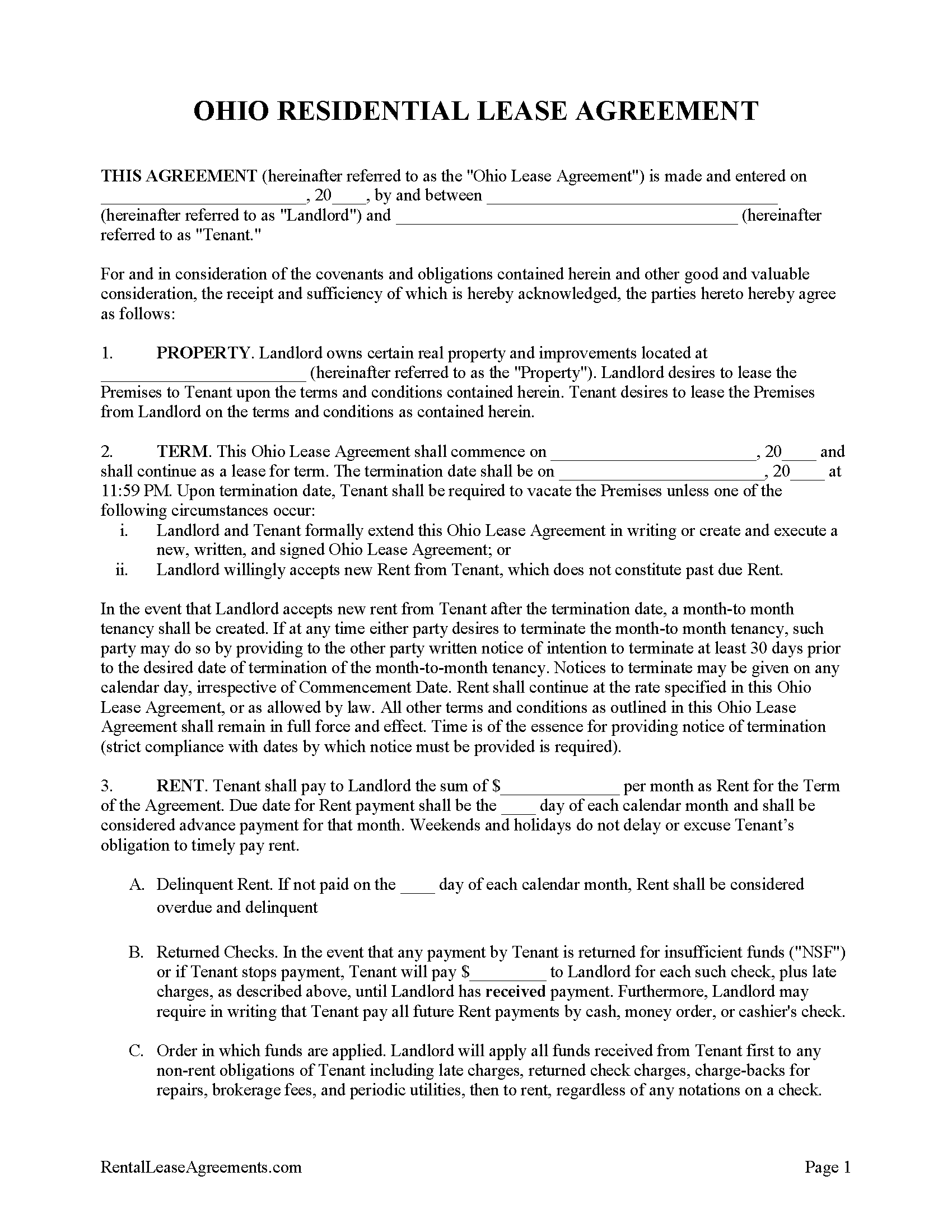 Free Ohio Residential Lease Agreement PDF