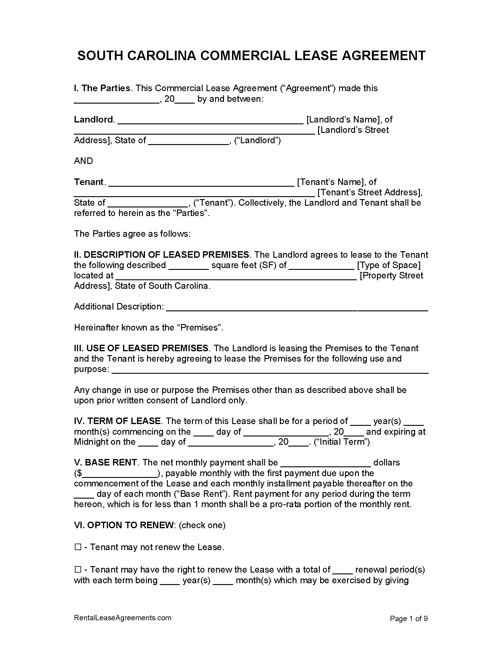 Free South Carolina Commercial Lease Agreement PDF MS Word