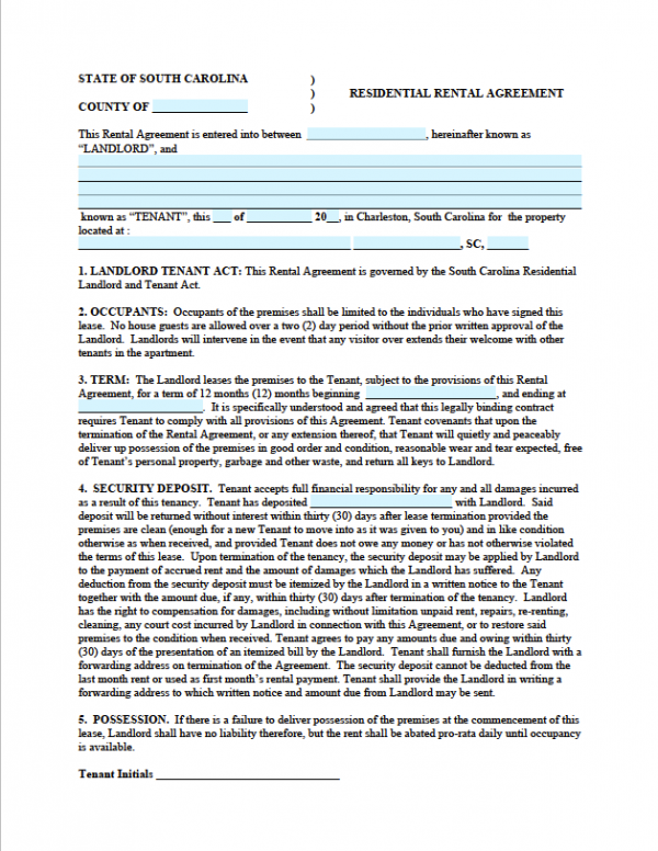 Free South Carolina Residential Lease Agreement PDF