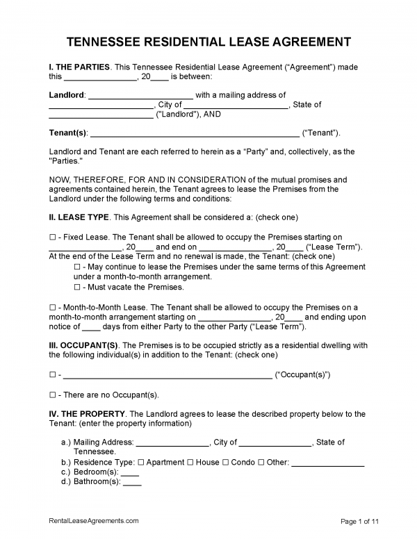 Free Tennessee Residential Lease Agreement | PDF - MS Word