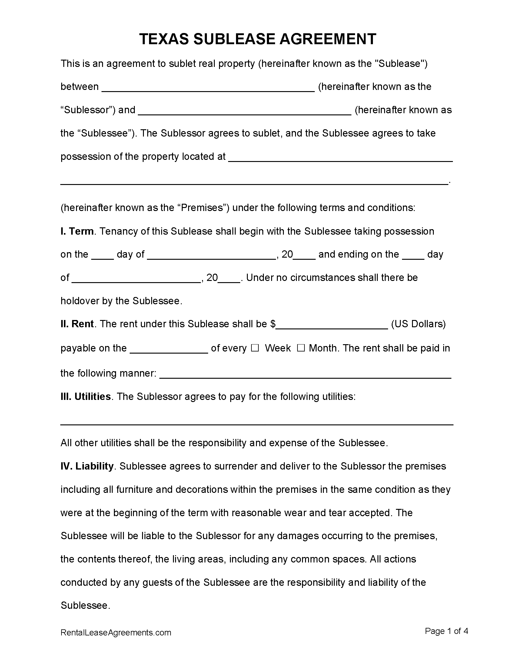 Texas Sublease Agreement PDF MS Word Free Printable Rental Lease