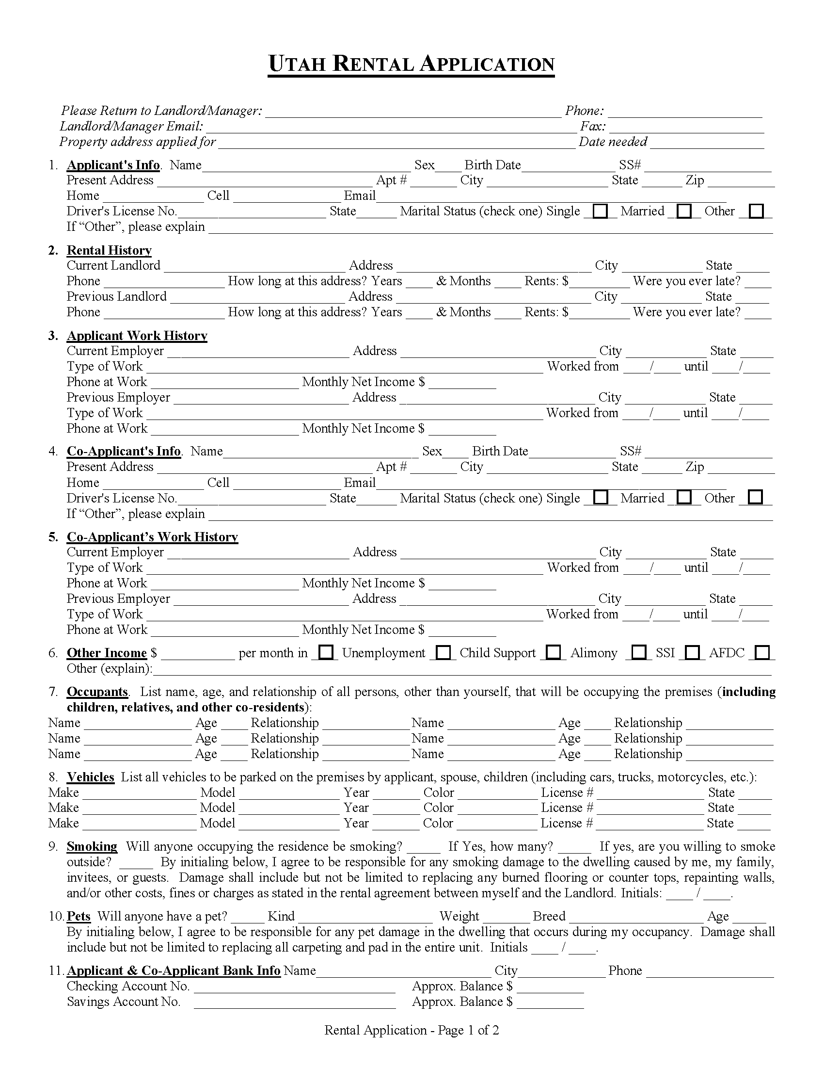 Free Utah Rental Application PDF