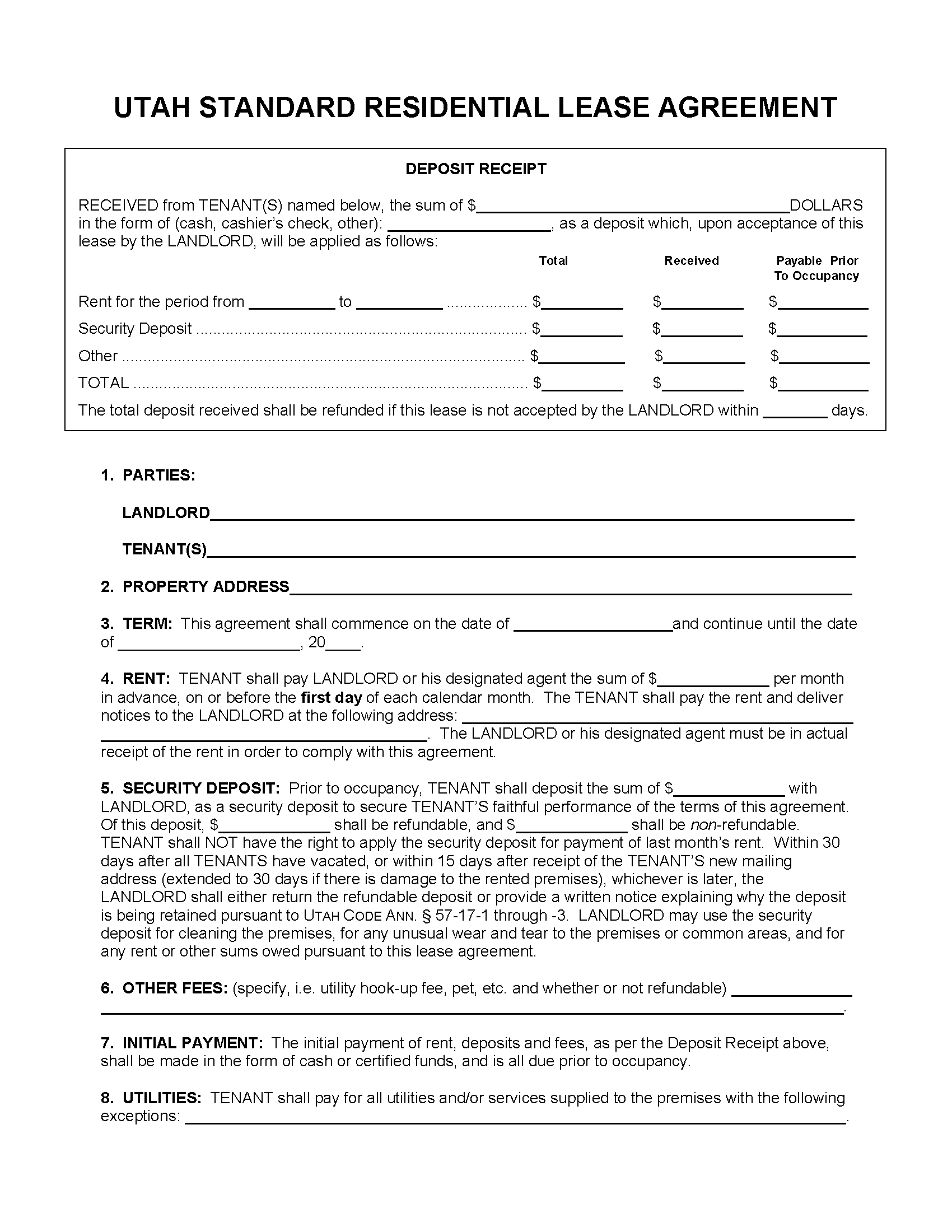 Utah Standard Residential Lease Agreement PDF MS Word Free 
