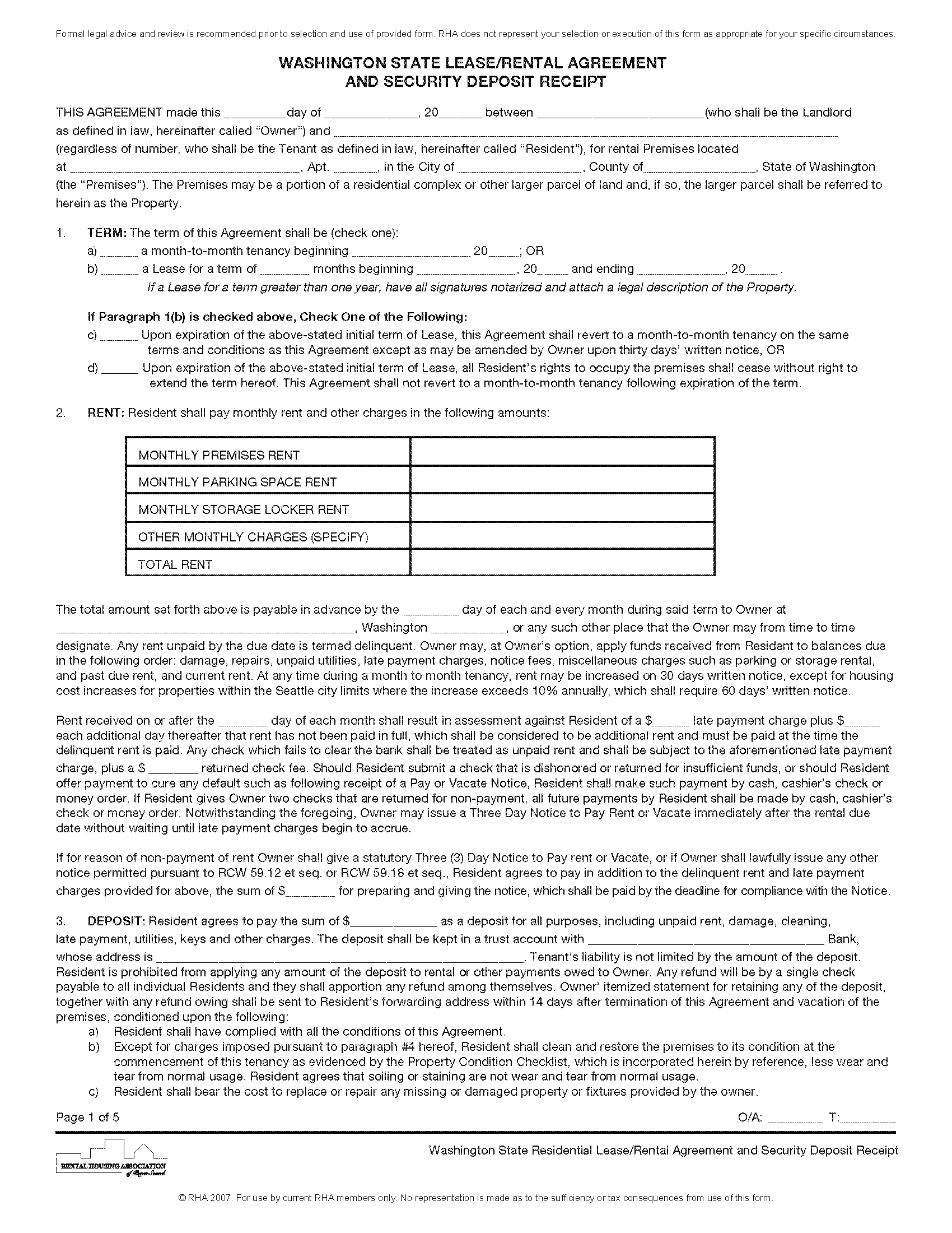 Washington Residential Lease Agreement Template Printable Form 
