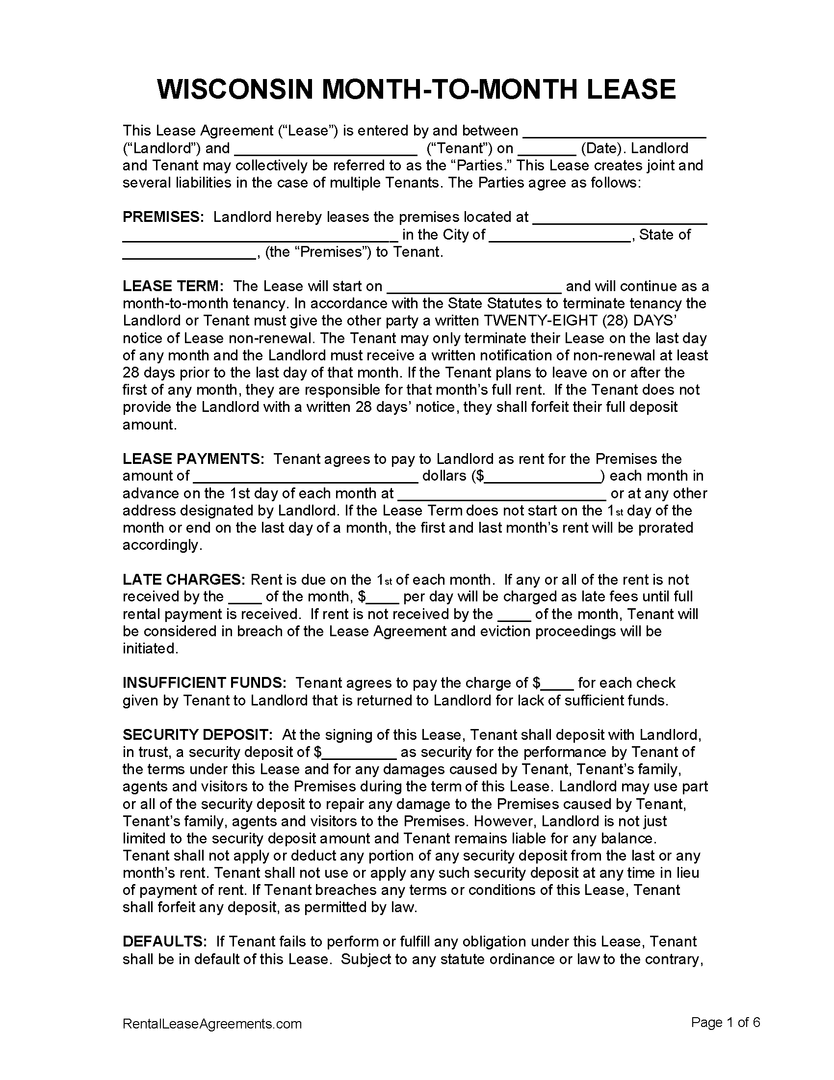 Free Wisconsin Month to Month Lease Agreement PDF MS Word