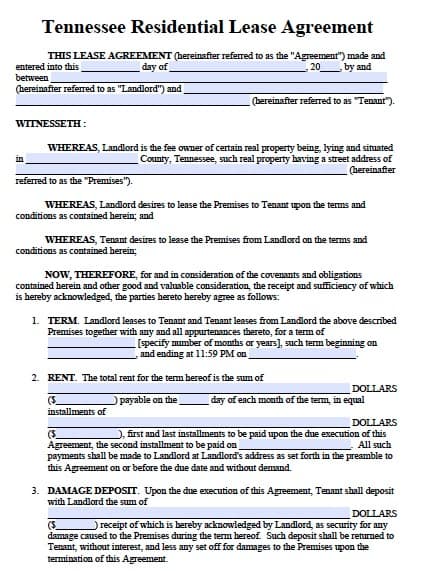 Free Tennessee Residential Lease Agreement Form Pdf Template