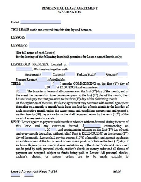 free washington standard residential lease agreement pdf