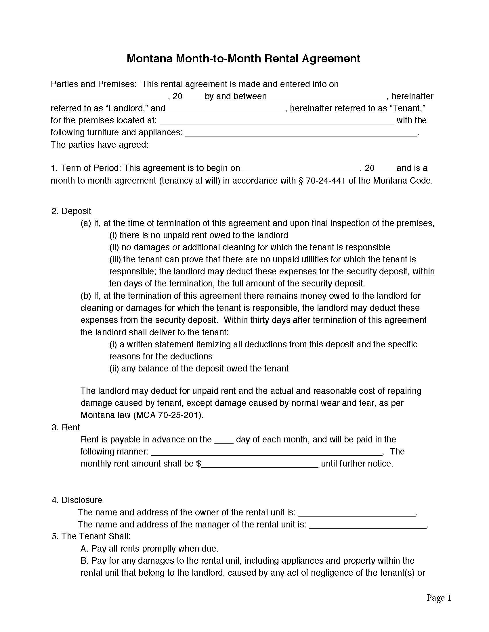 Free Montana MonthtoMonth Rental Agreement PDF