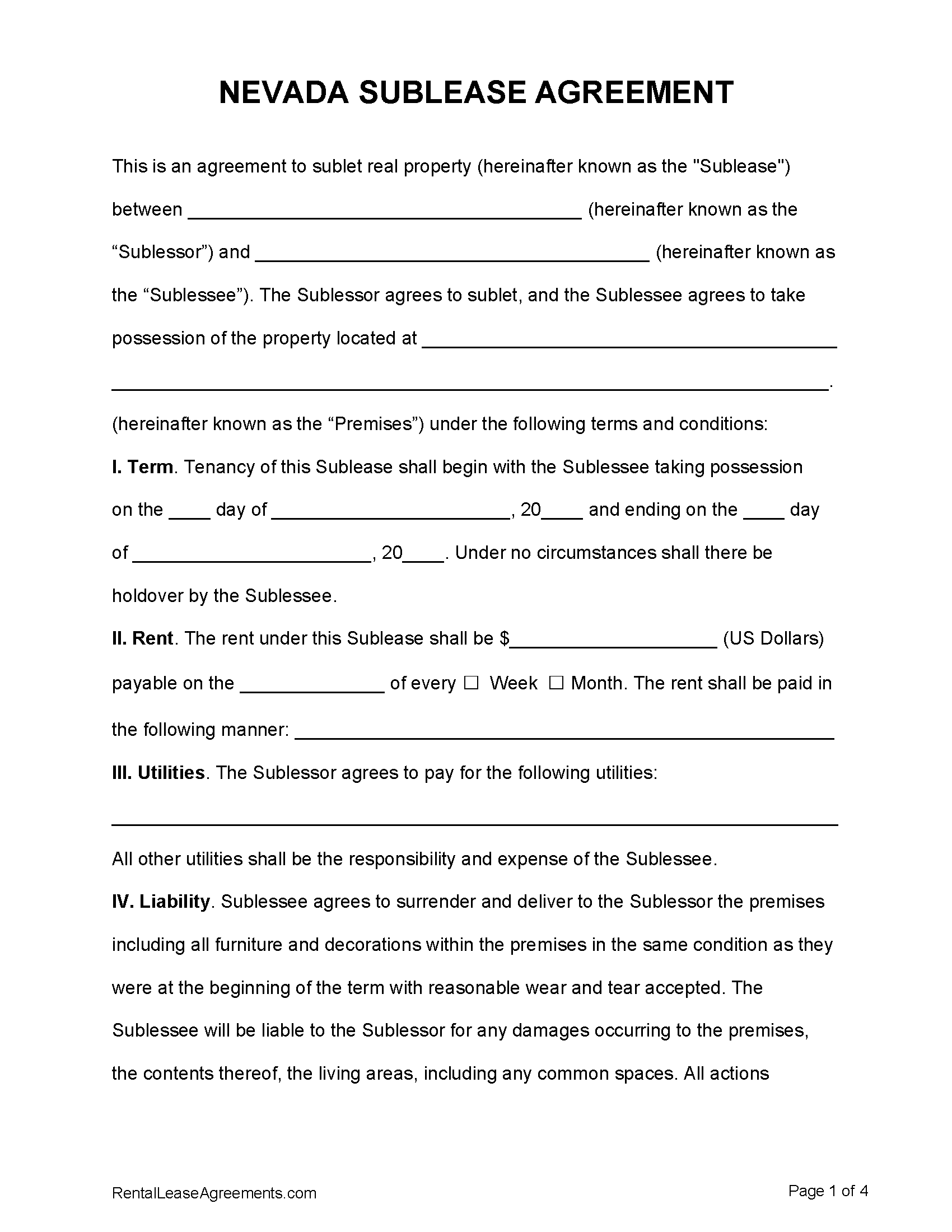 Free Nevada Sublease Agreement PDF MS Word