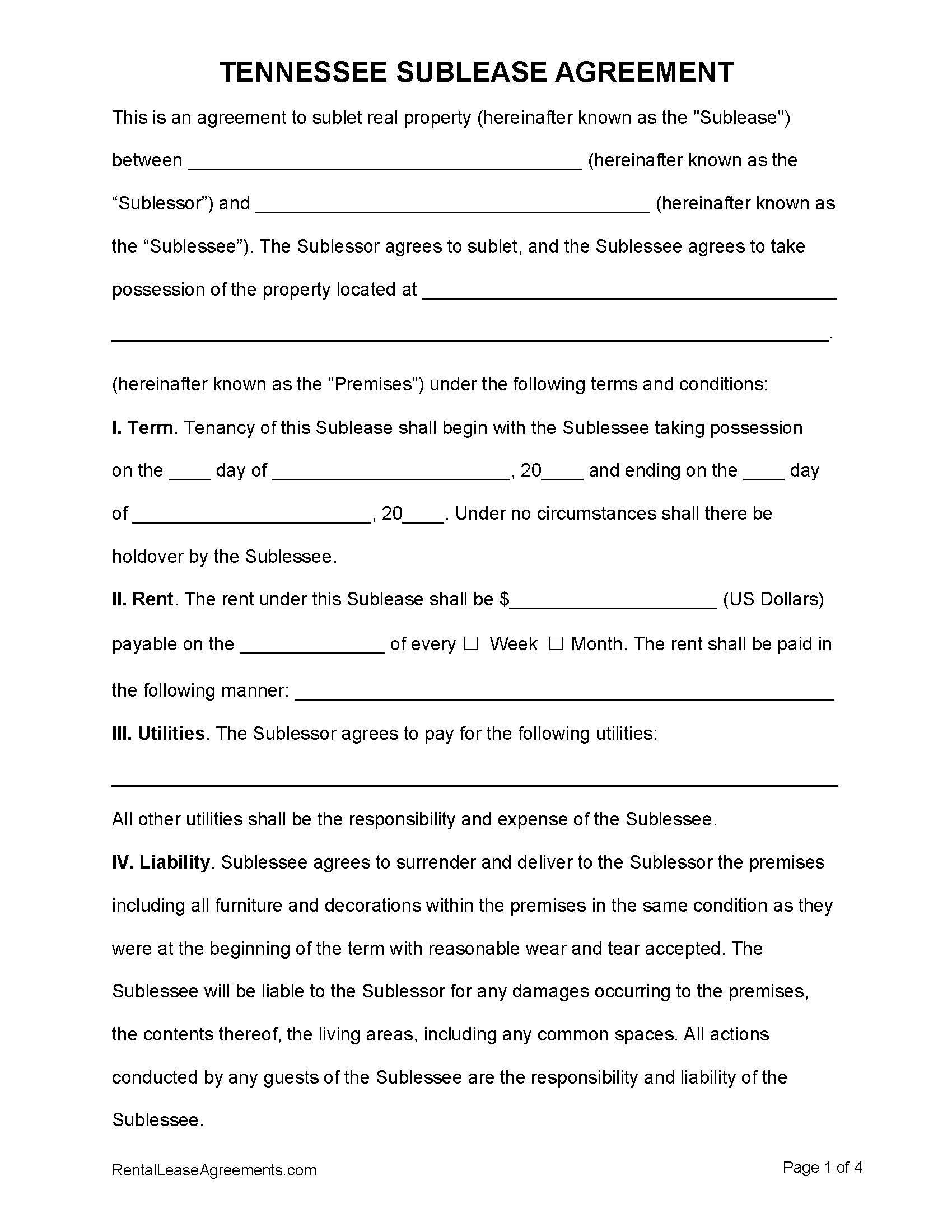 Free Tennessee Sublease Agreement PDF MS Word