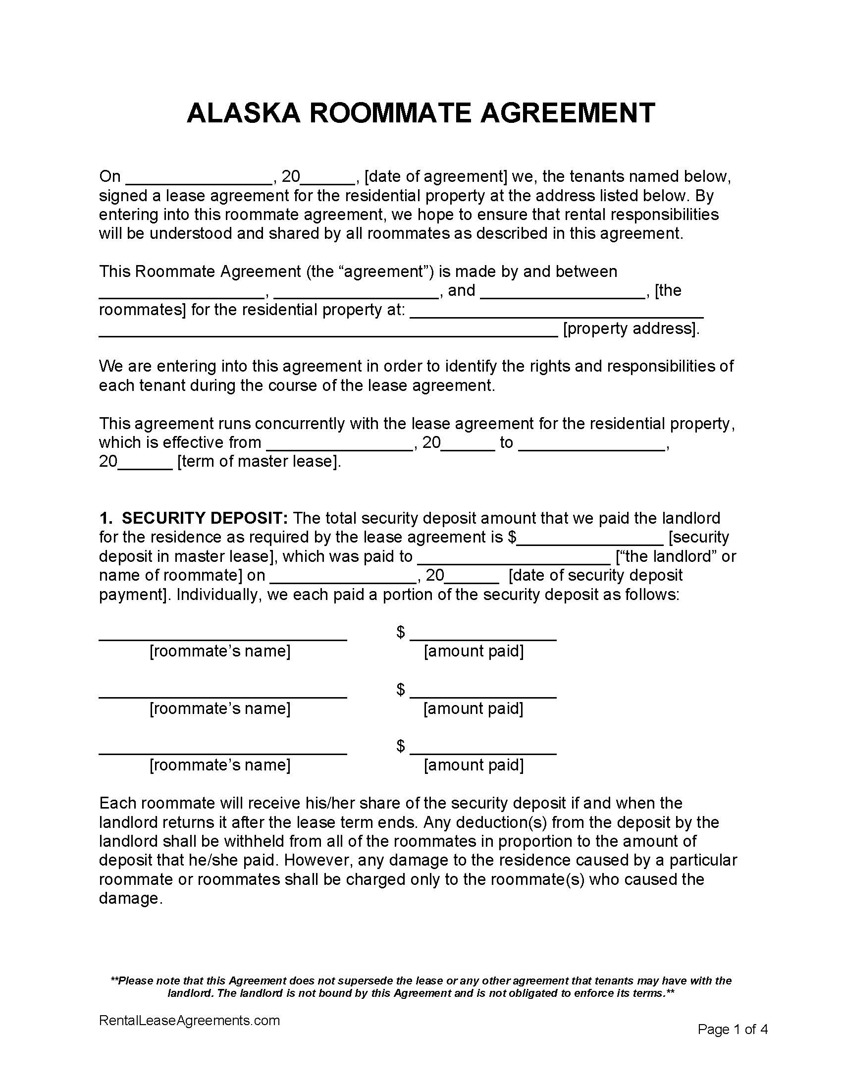 free alaska roommate agreement template pdf ms word