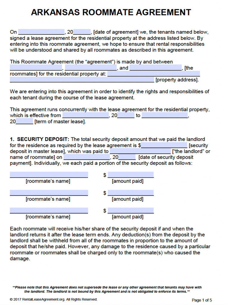 Free Arkansas Roommate Agreement Template PDF Word