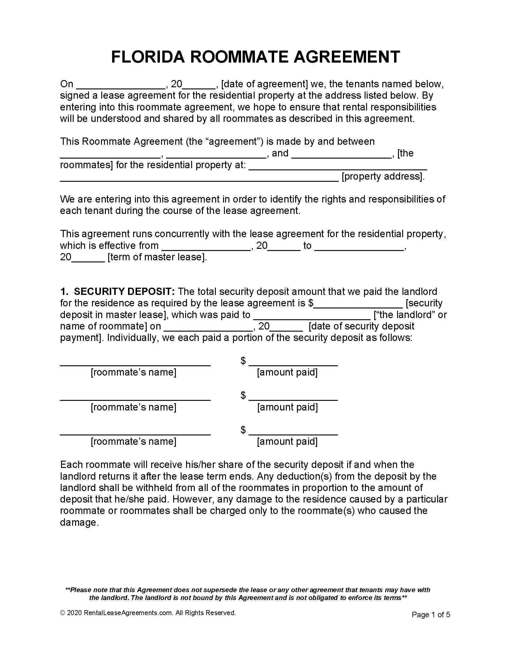 Free Florida Roommate Agreement Template PDF MS Word